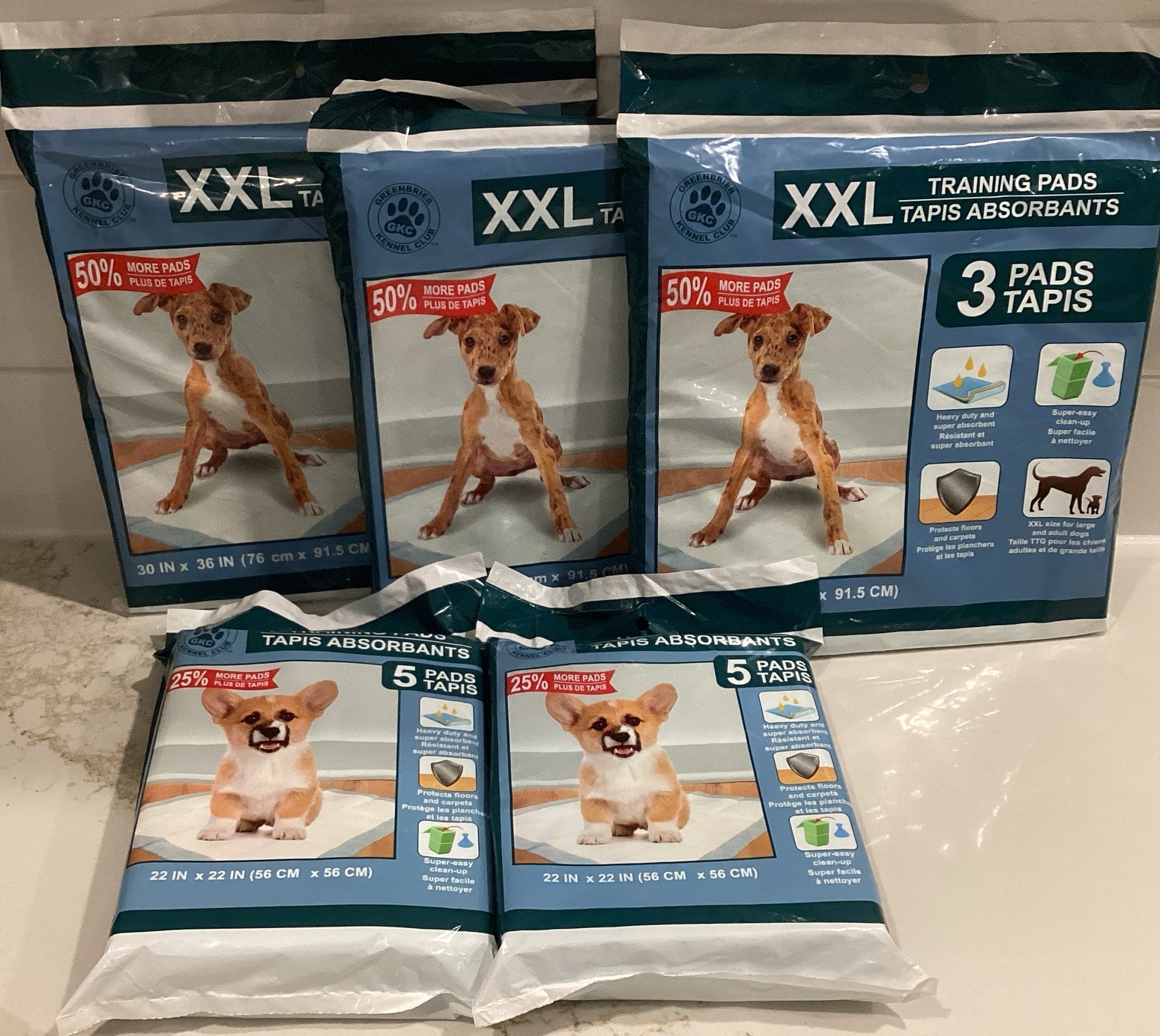Greenbrier Kennel Club Puppy Training Pads 3 Bags XXL 2 Bags Small 19 Total Pads