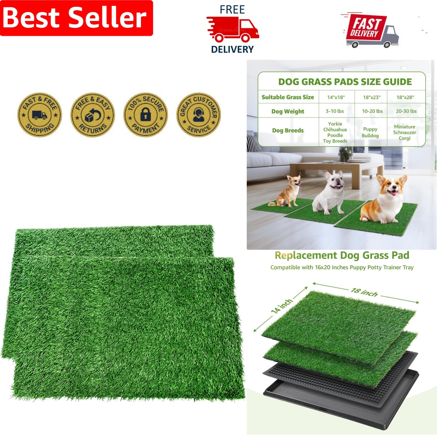 2 Pack Dog Grass Pee Pads – 14x18in Washable Grass for Indoor & Outdoor Use