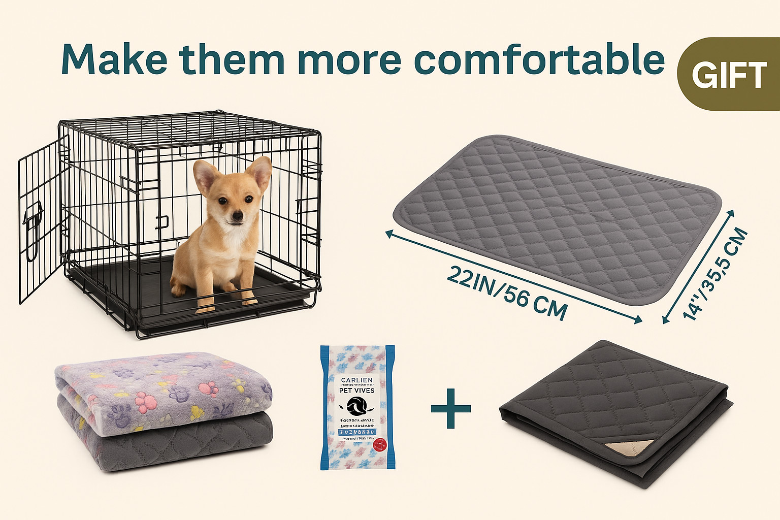 Puppy Dog Crate Training Kit – 2 Washable Pee Pads 2 Soft Blankets 1 Pack Wipes