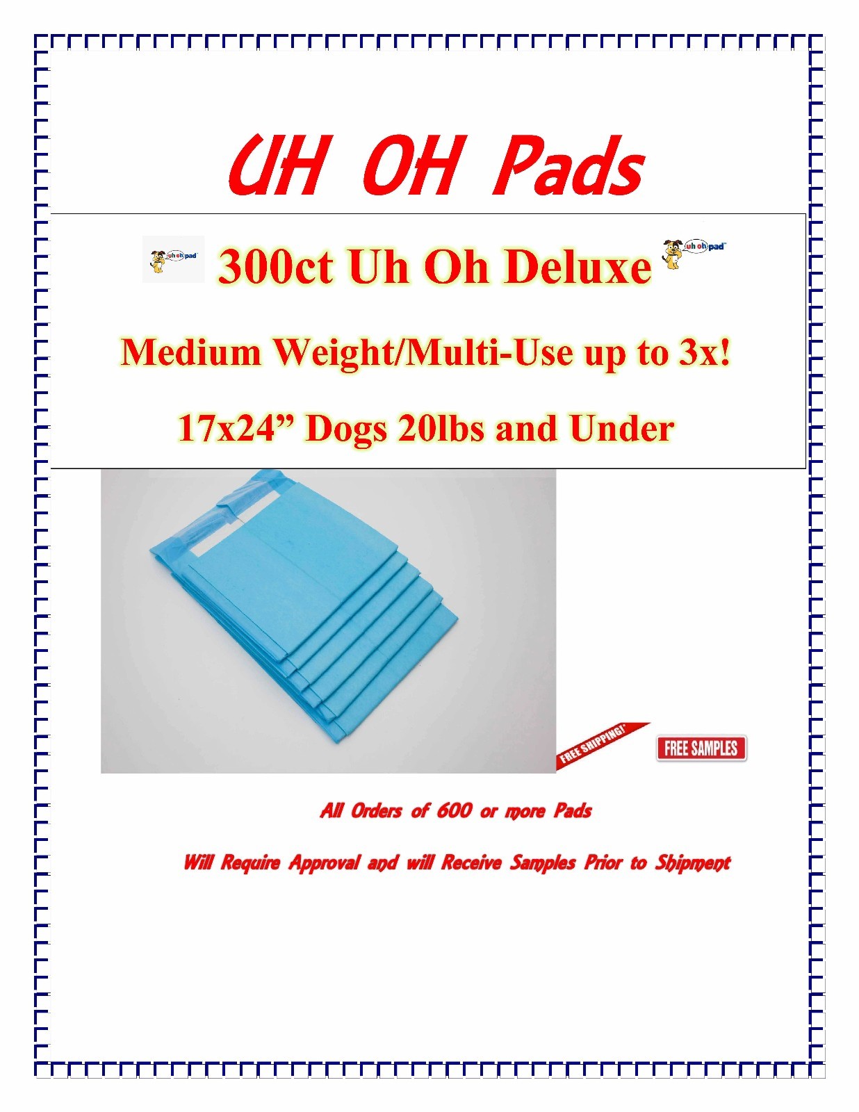 600ct 17X24 3x Deluxe Puppy Piddle Pads Puppy Training Pee Wee Pads FREE SAMPLES