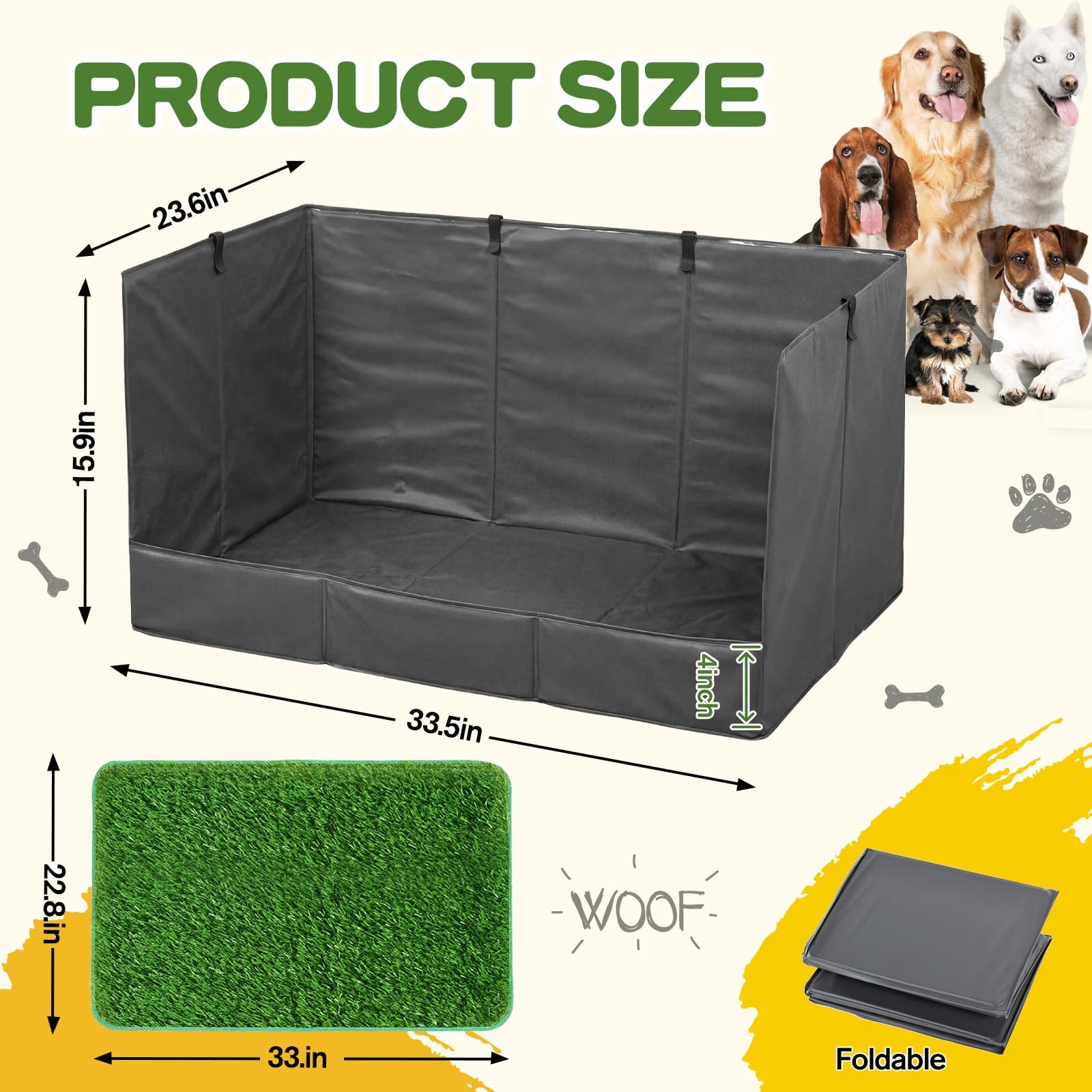 33.5″×23.6″×15.9″ High Walls Dog Potty Tray with Artificial Grass, Foldable D…