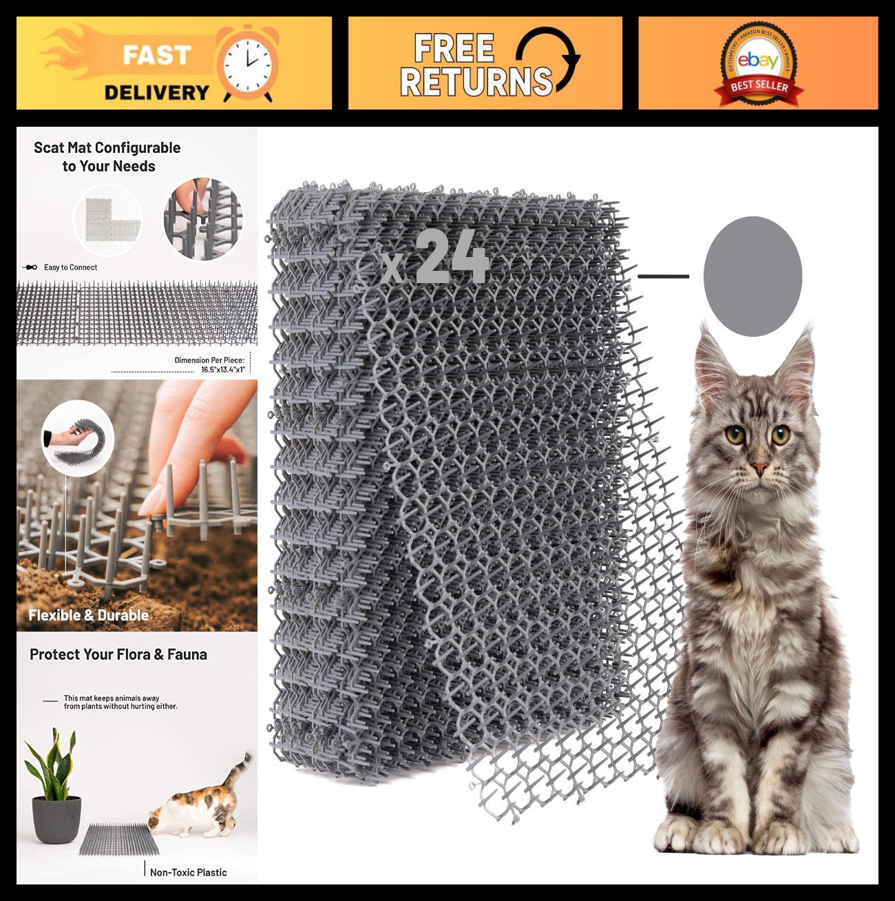 24 Pack Cat Spike Mat 16.5×13.4 Inch – Scat Mat for Indoor/Outdoor Training, Rep