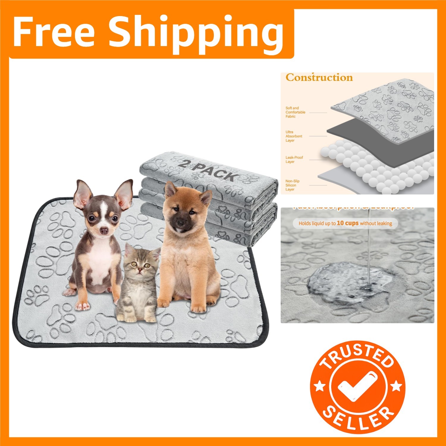 Multi-Purpose Reusable Pet Pads, 18×24 – 2 Pack, Machine Washable & Absorbent