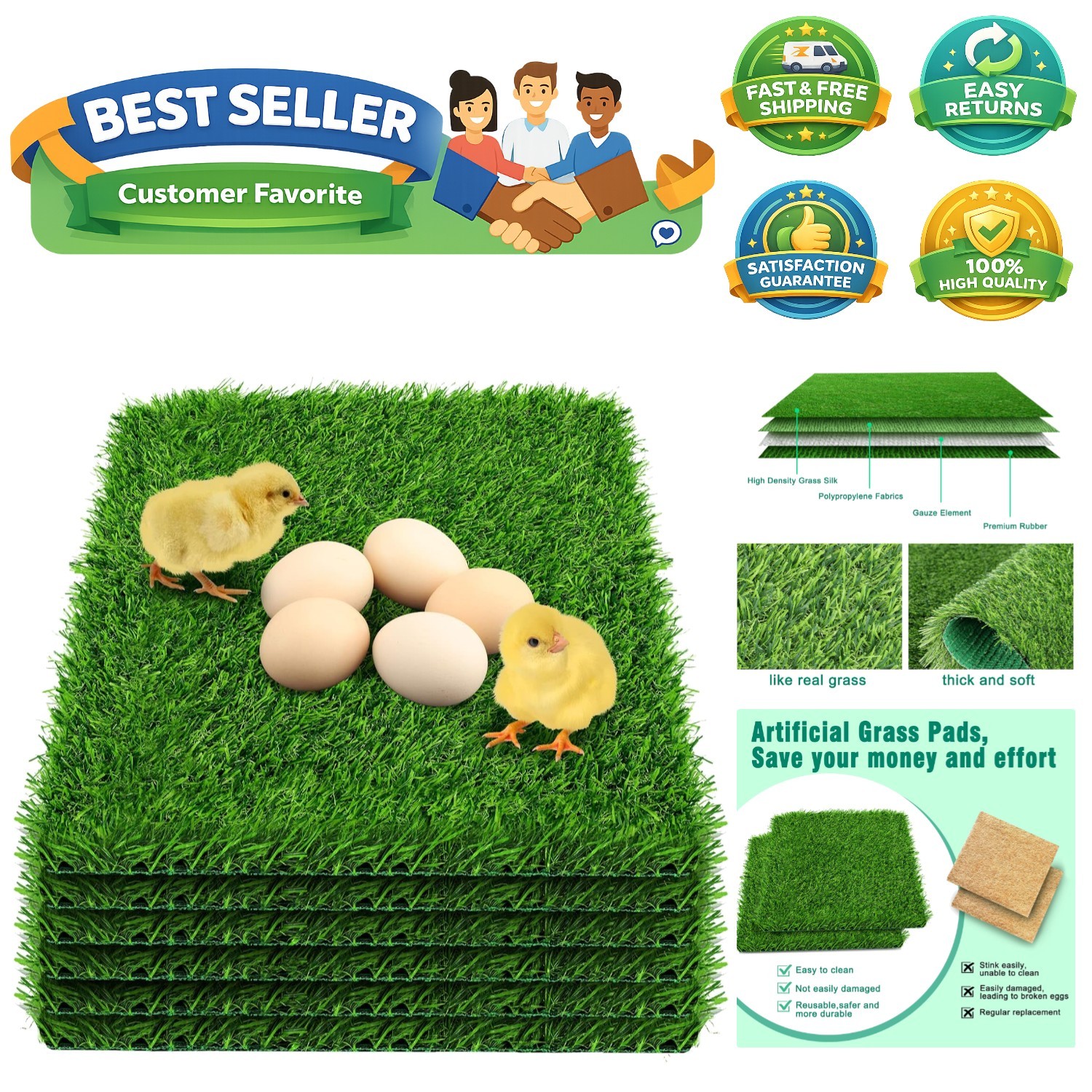 6 Pack Chicken Nesting Box Pads – Washable Artificial Grass Nesting Pads – Ch…