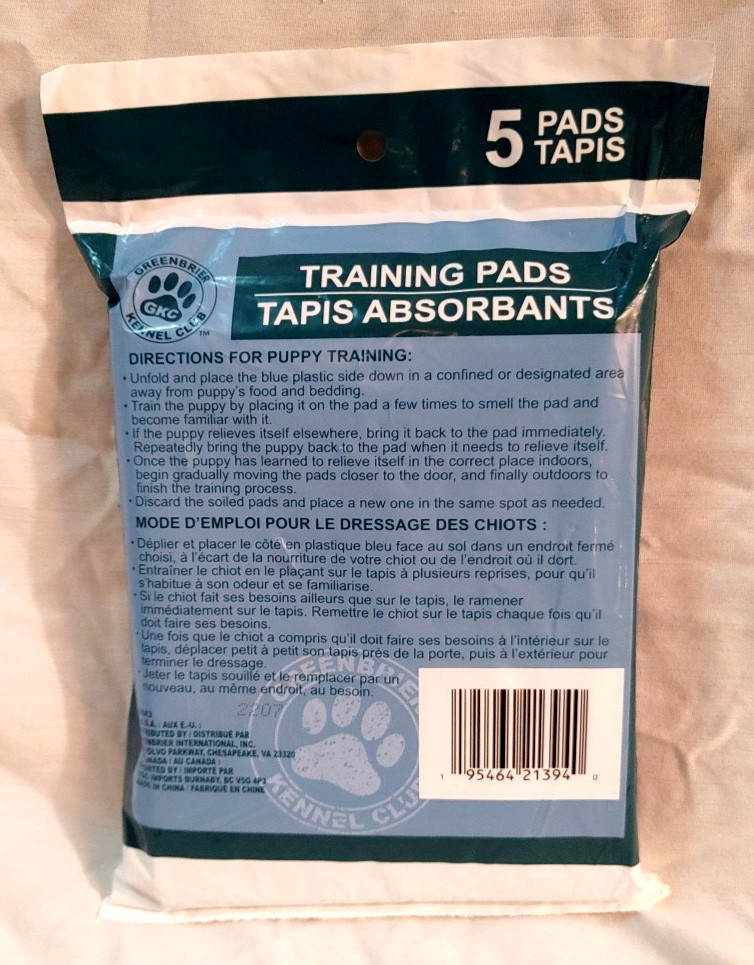 Greenbrier Kennel Club 22″ x 22″ / 22 in x 12 in Training Pads – 5 pack #243843