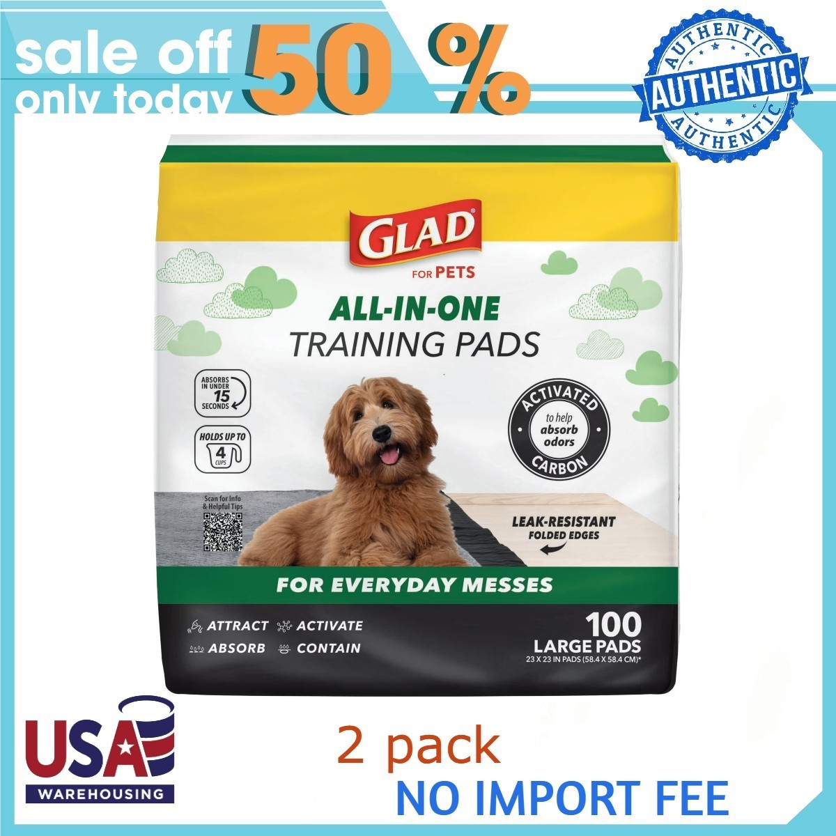 (2 pack) Glad Activated Charcoal Leak-Resistant Training Pads for Dogs,100 Count