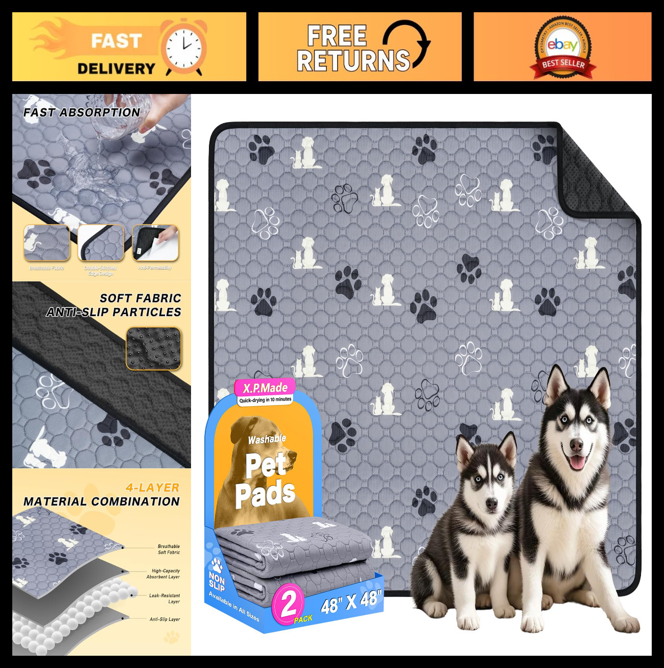 Extra Large Washable Dog Pee Pads 48″x48″, Reusable Waterproof Puppy Training Pa