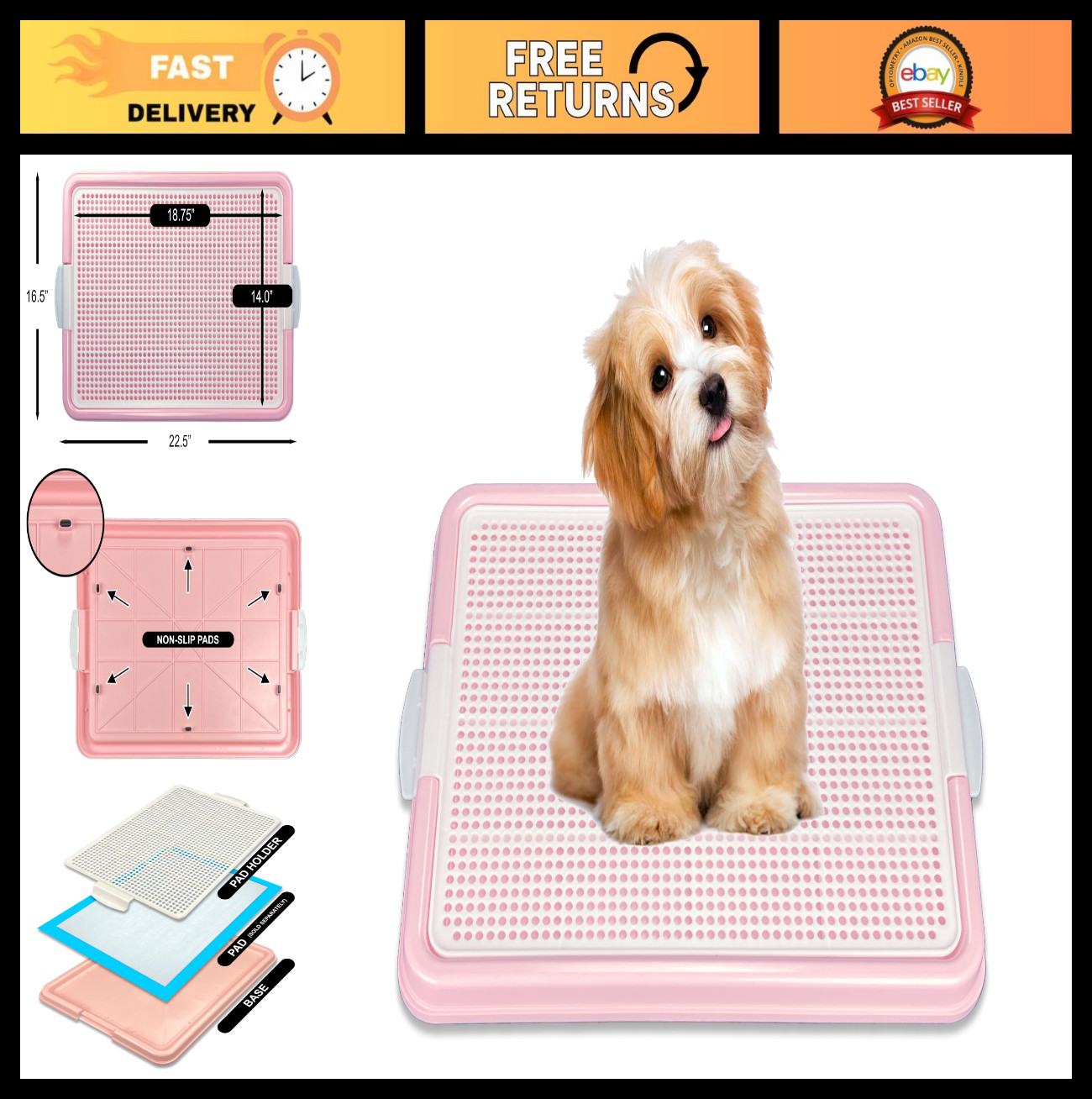 Puppy Potty Training Pad Holder Tray, Snap Lock Design, 22.5″x16.5″, 4 Colors