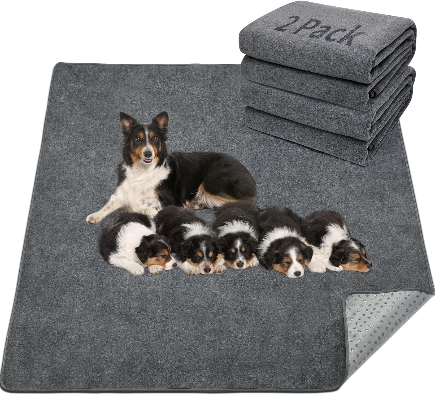 2-PK Extra Large Reusable Dog Mats – Non-Slip Washable Floor Pads 72″x72″ (GRAY)