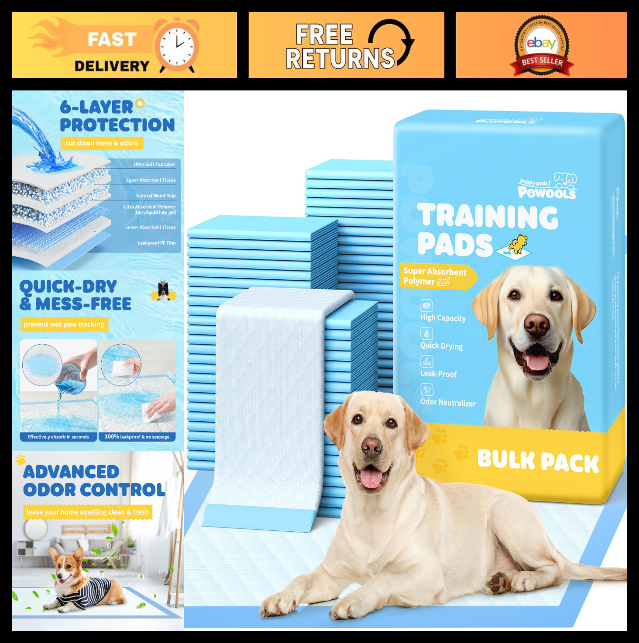 Extra Large Puppy Pads 34×28 in, 100-Pack, Leak-Proof, Quick-Dry, 6-Layer Potty