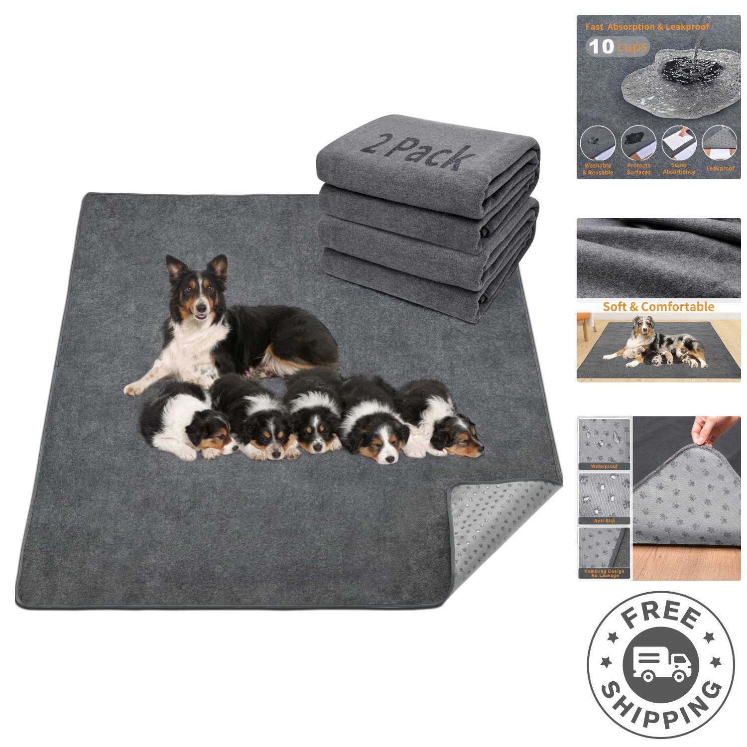 Gray Washable Dog Training Pads – 2 Pack Anti-Slip Leakproof Pee Mats 36x41in
