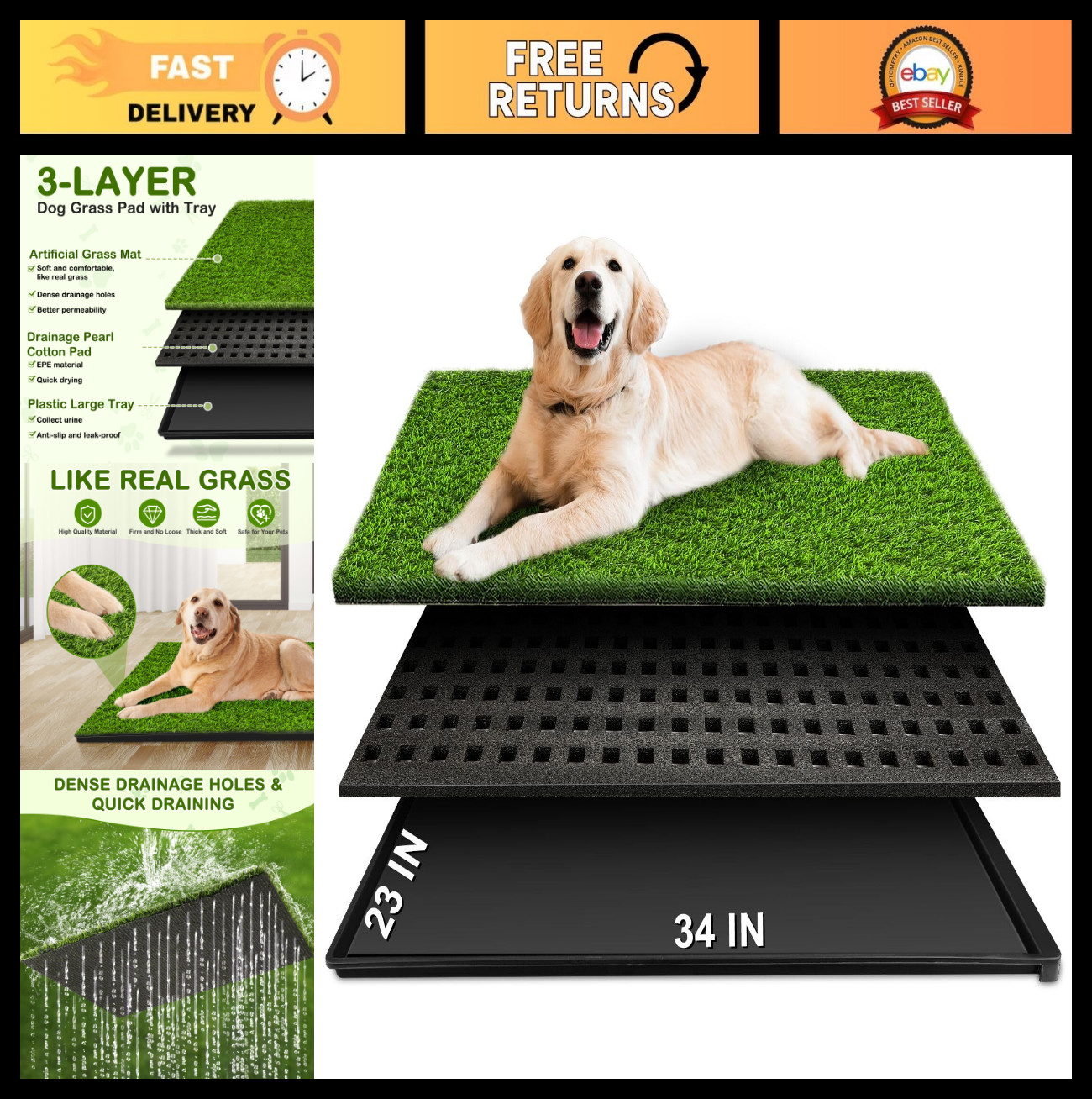 Large Dog Grass Pad with Tray – 34”x23” Reusable Artificial Turf Potty for Ind