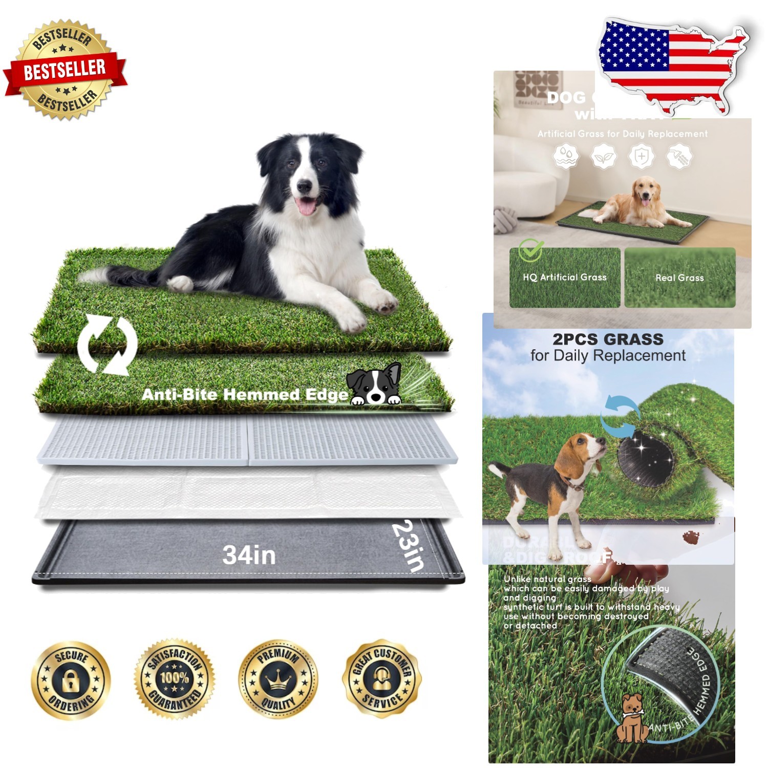 Dog Toilet L, Quick Dry Turf Grass, Odor Control Tray, 2 Pack, 34″x23″