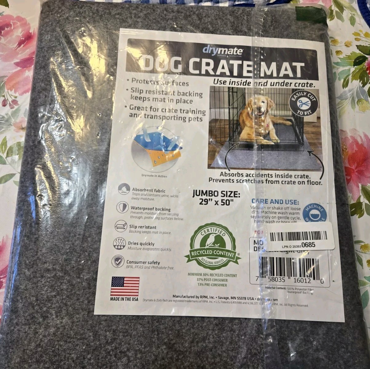 Drymate Dog Crate Mat/Liner JUMBO 29″x50″ Machine Washable Slip Resistant – New