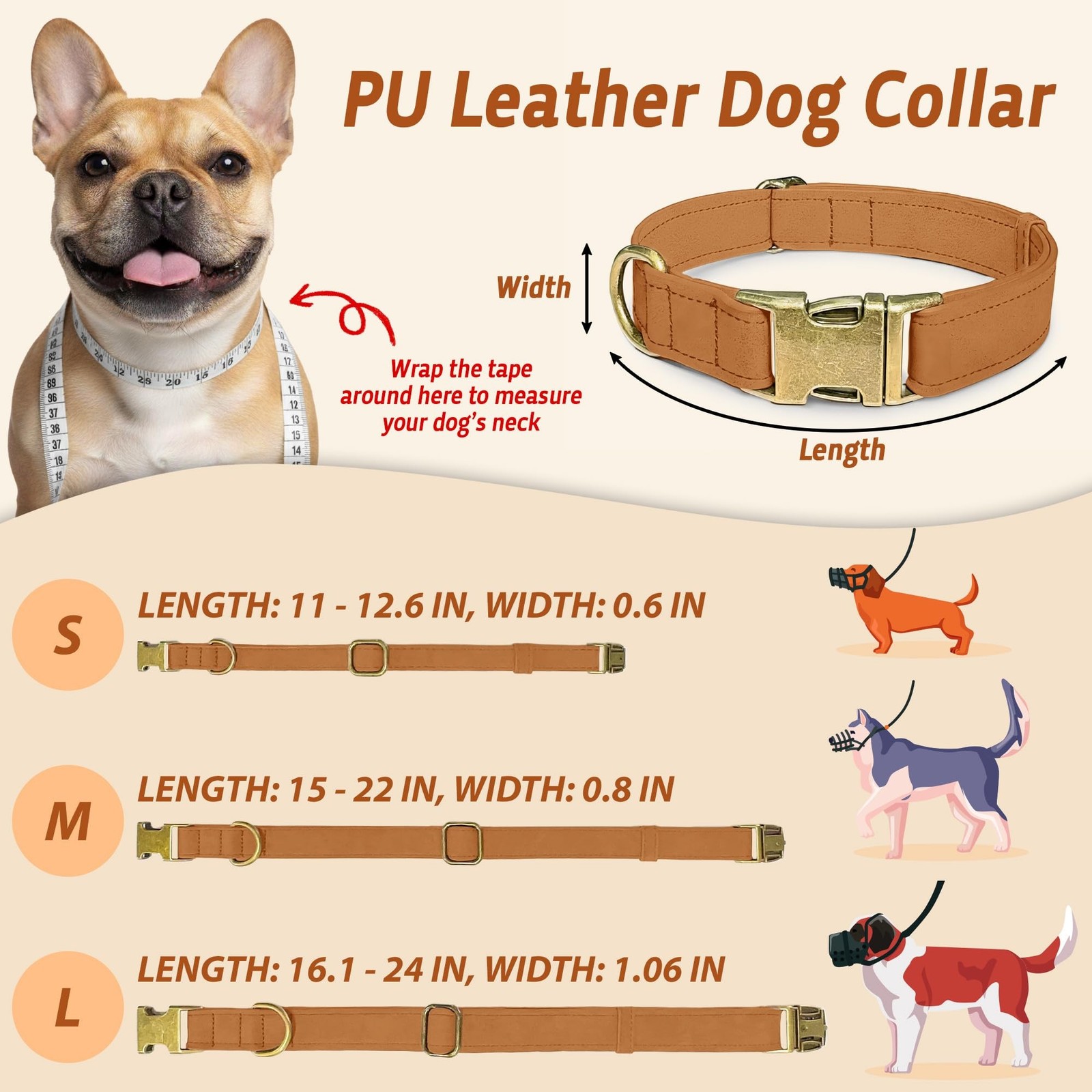 Leather Dog Collar – Durable Faux PU Leather Dog Collar for Small Medium L