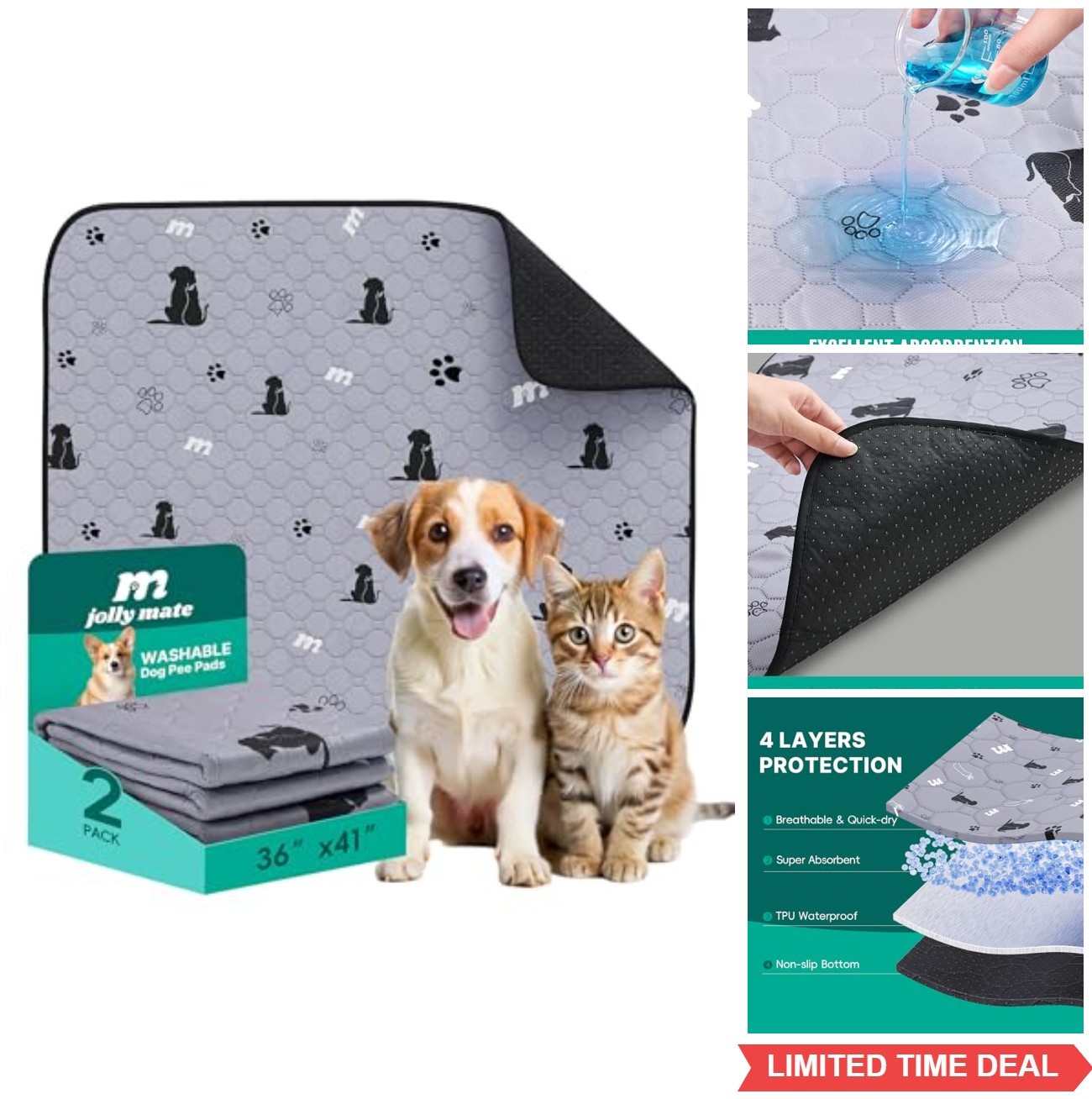 JollyMate 36″x41″ Washable Pee Pads for Dogs, Ultra-Absorbent and Leak-Proof Reu