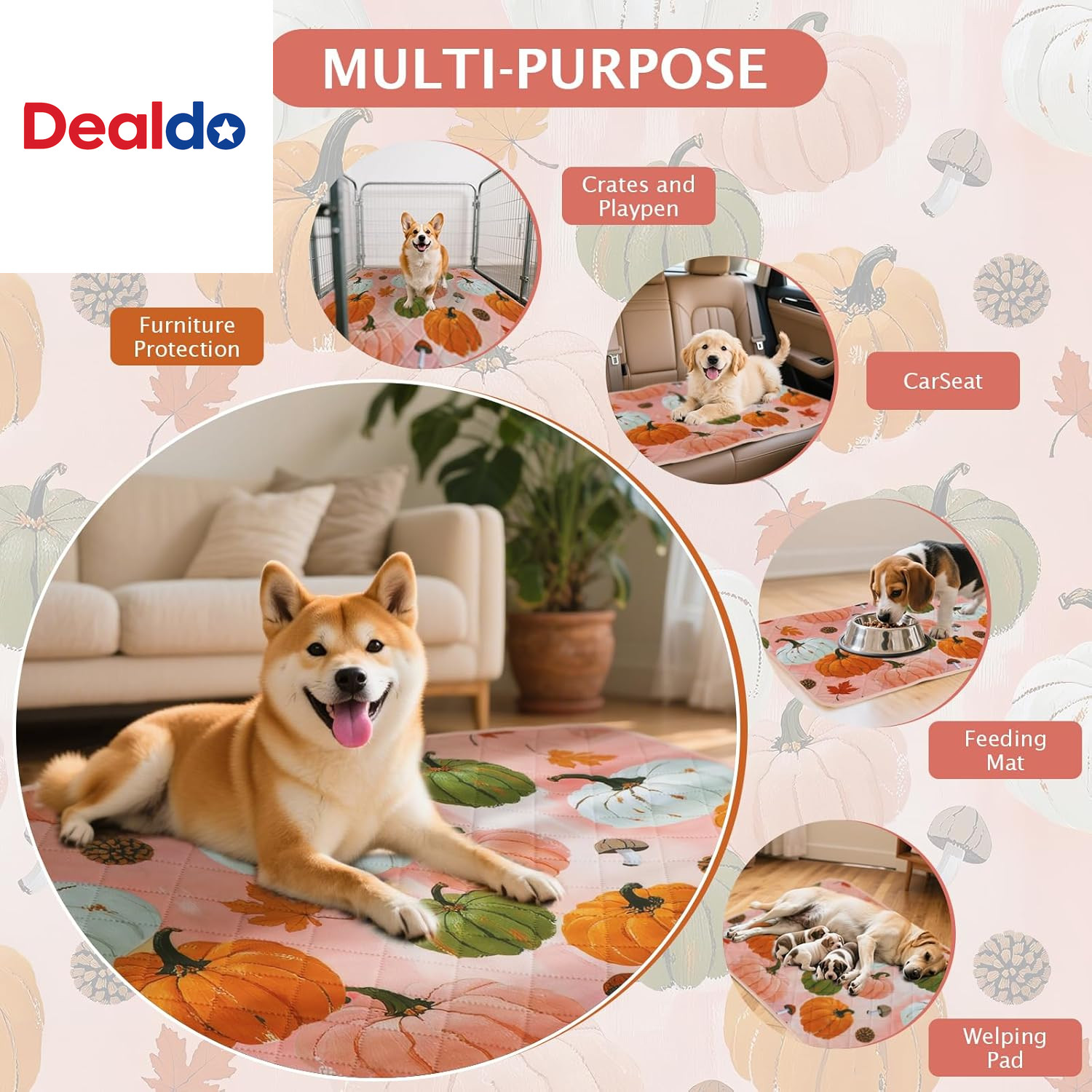 Washable Pee Pads for Dogs, 2 Pack Pumpkin Pattern Reusable Waterproof Puppy Pot
