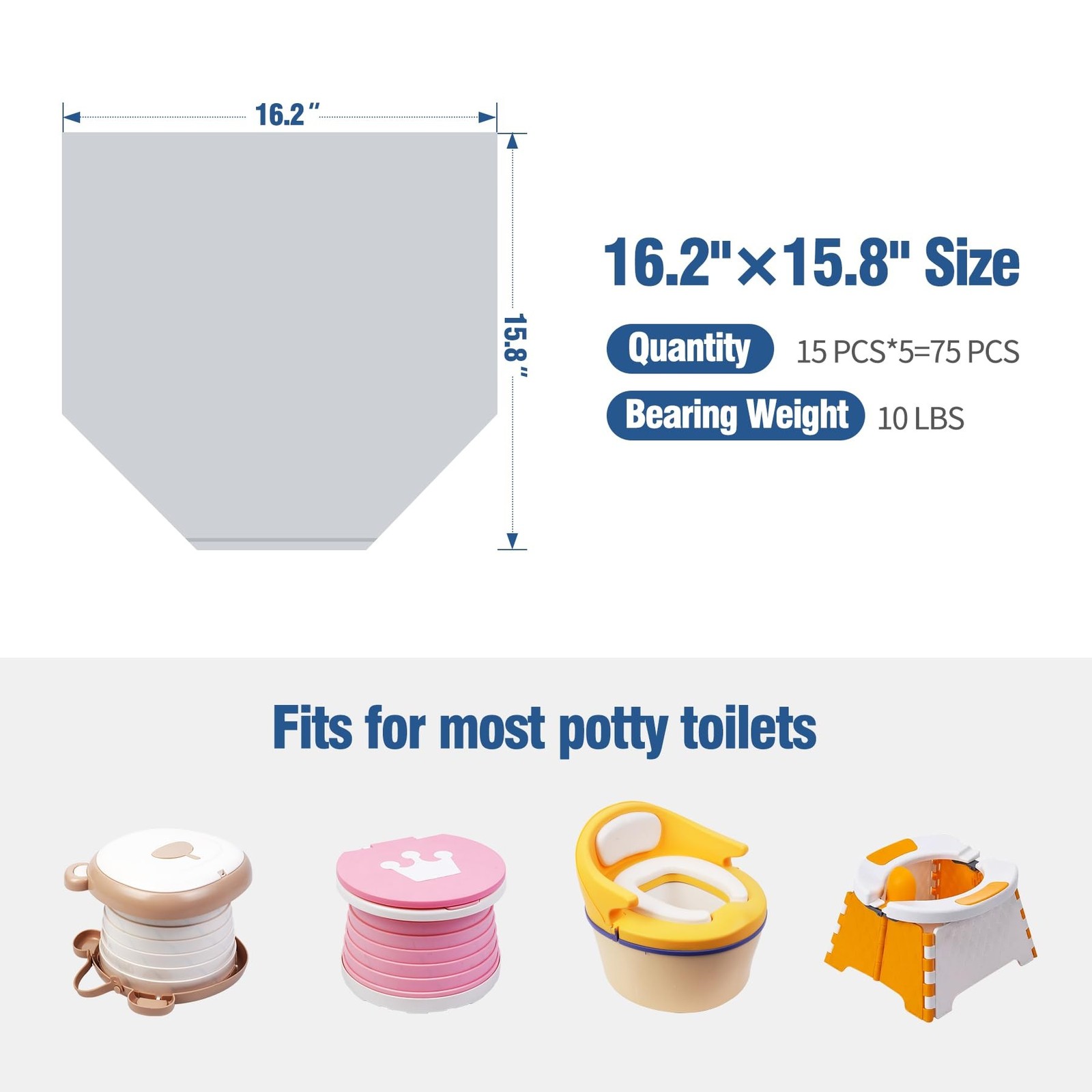 Potty Liners for Portable Toilet 75-count, 16.2″*15.8″ Universal-Fit Travel B…