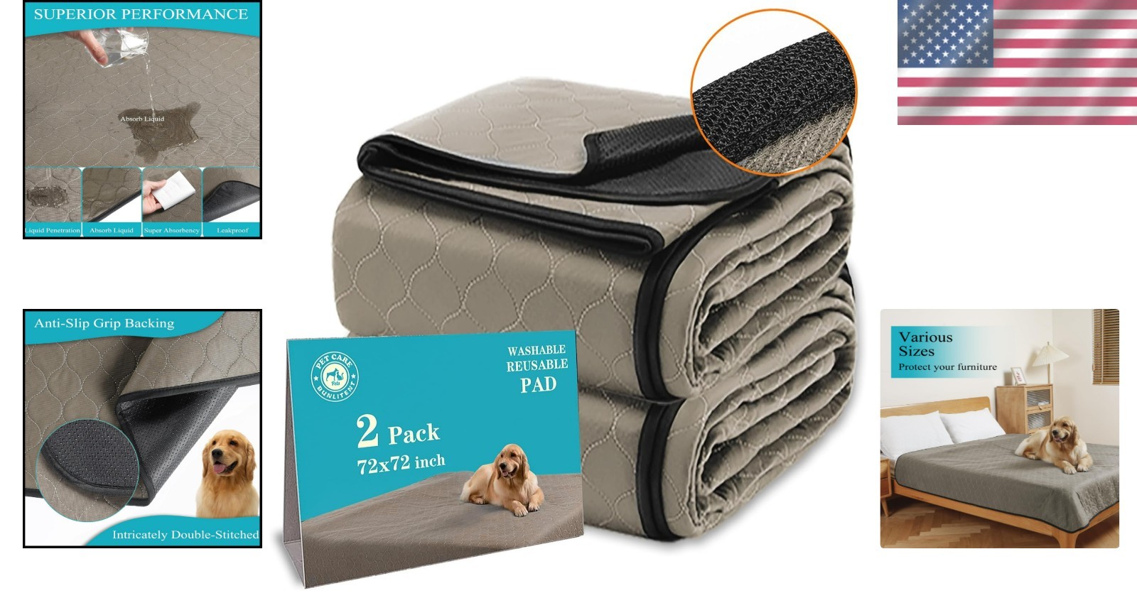 2-Pack Washable Dog Pee Pads 72″x72″ – Highly Absorbent with Anti-Slip Back