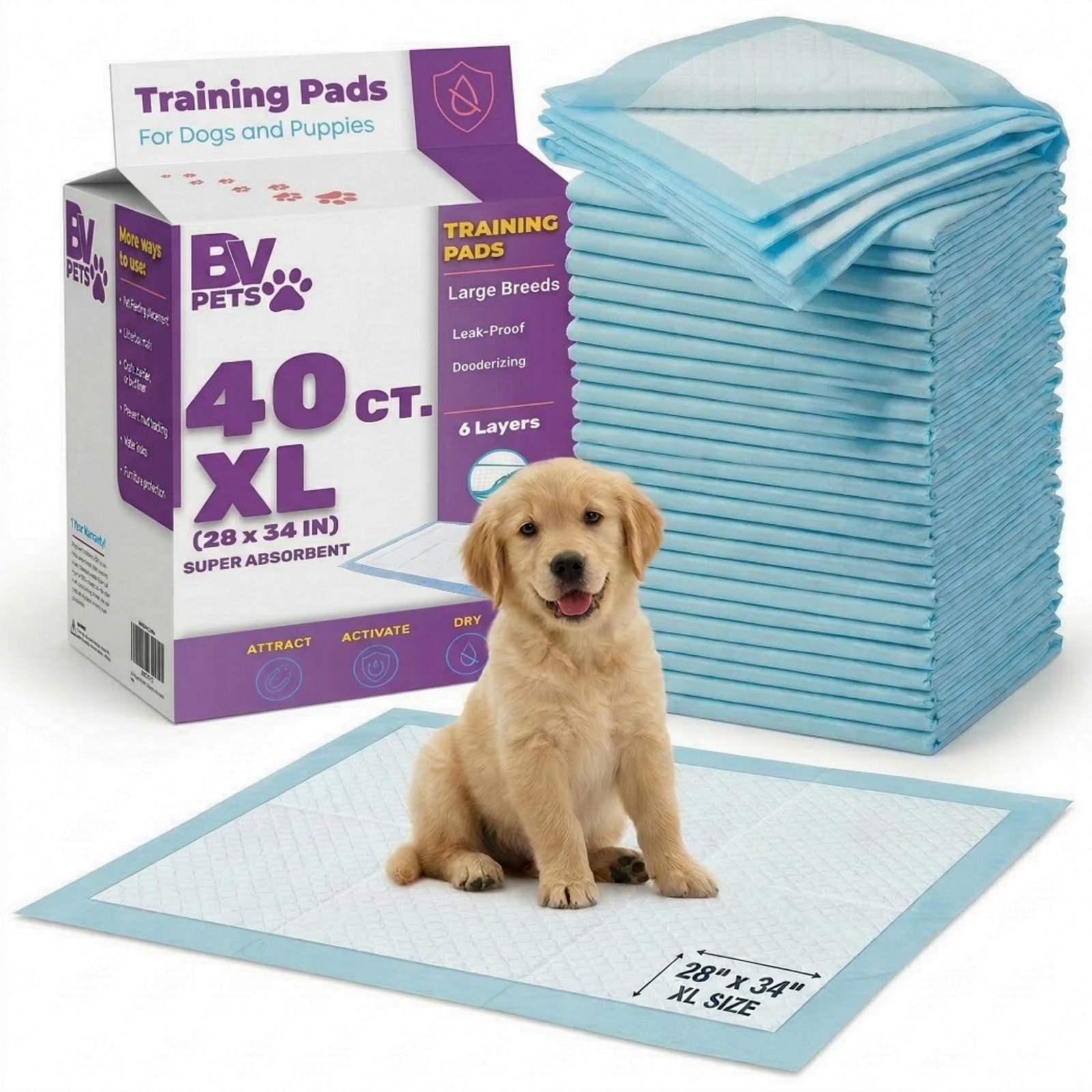 BV Puppy Pads XL 40 Count 34″x28″ – Leak-Proof / 40-Count (Standard), Blue