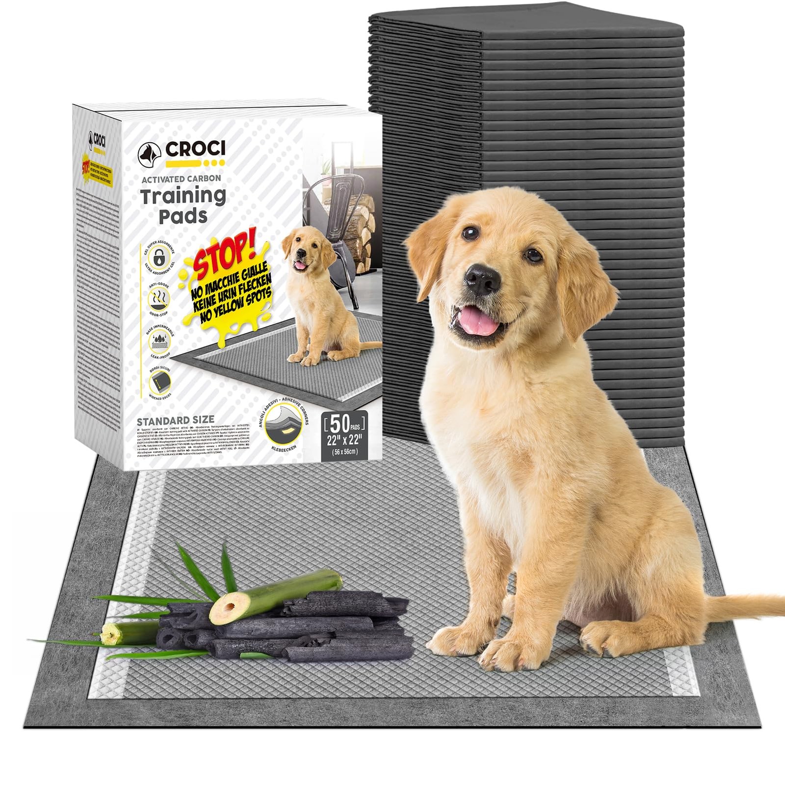 CROCI Puppy Pee Pads 22″x22″ Charcoal Standard Size-22x22in(50Ct), Gray