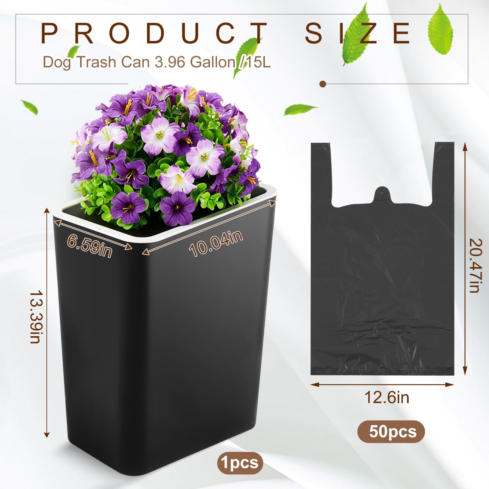 Jingmore 15L Purple Flower Black Dog Poop Bin w/ Lid & Bags, Indoor/Outdoor