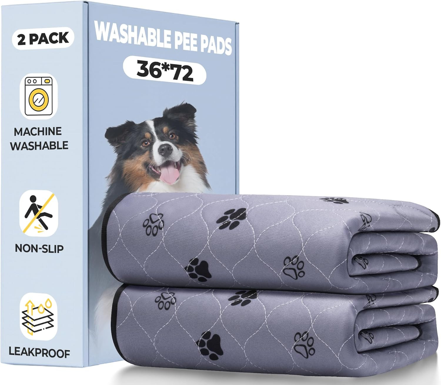 Washable Dog Pee Pads, 2 Pack 36”X72” Non Slip Reusable Puppy Pee Pads with Gr