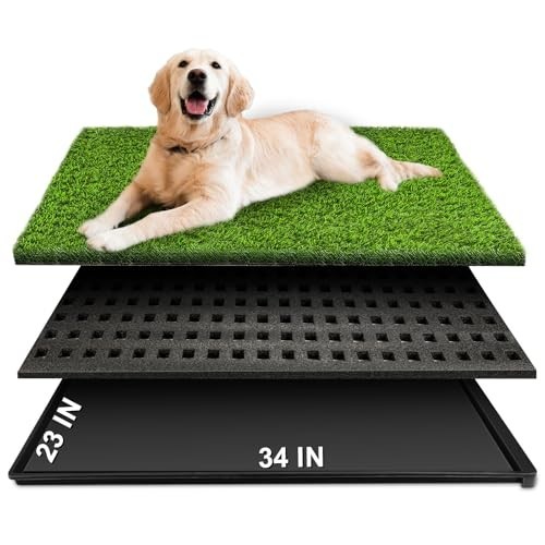 Large Dog Grass Pad with Tray – 34″x23″ Reusable Turf Potty for Indoor/Outdoor T