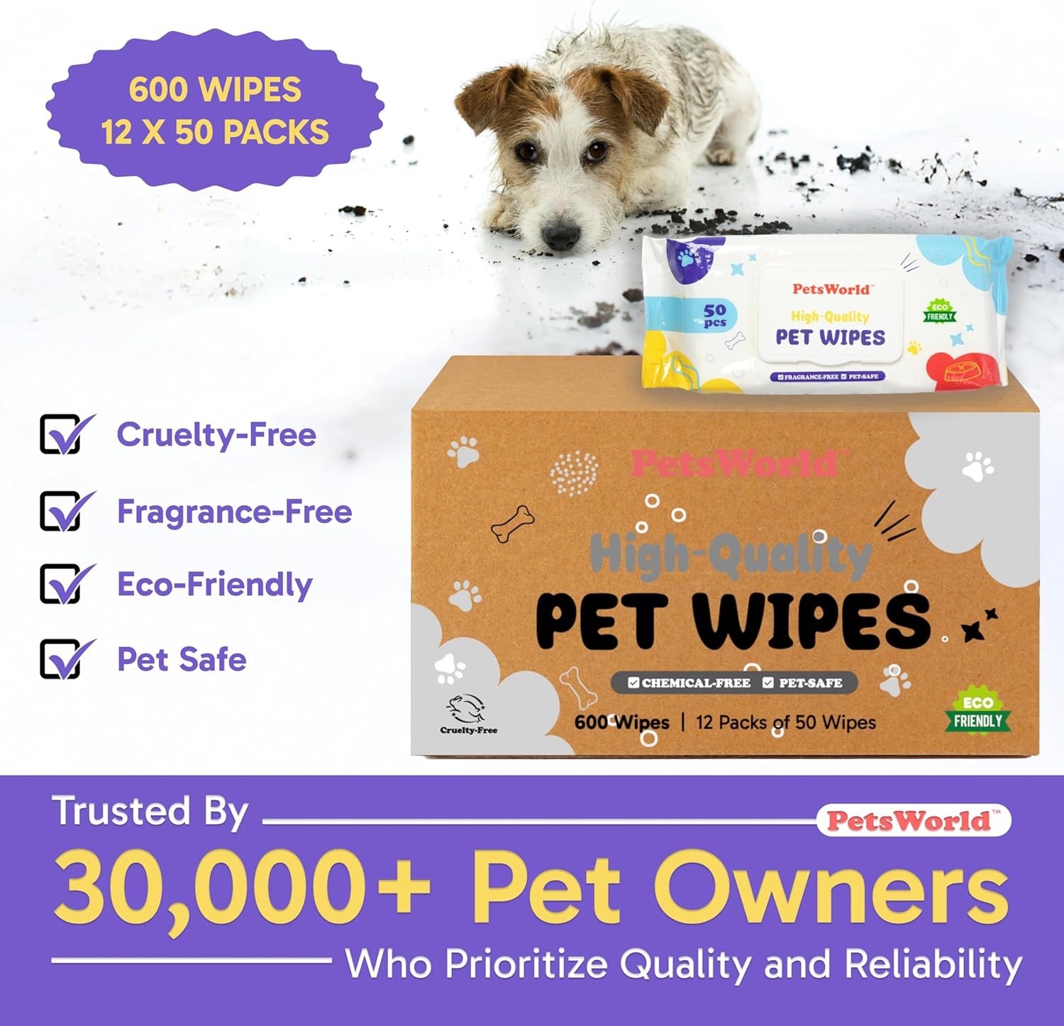 PetsWorld Pet Wipes for Dogs & Cats, 600 Count| Unscented, Hypoallergenic,Thick