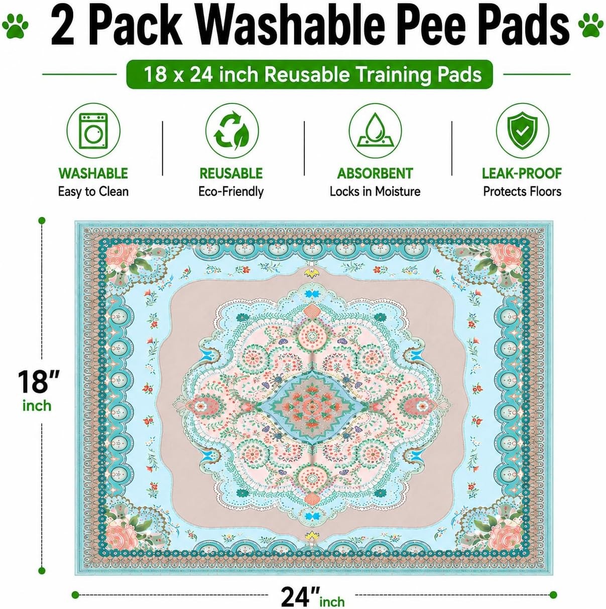 Washable Pee Pads for Dogs, 18″X24″ 2 Pack Reusable Puppy Pads Pet Training Pads