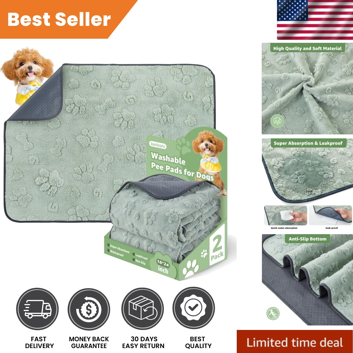 Washable Pee Pads for Dogs: 2 Pack Super Absorbent Reusable Puppy Pads, Leakp…