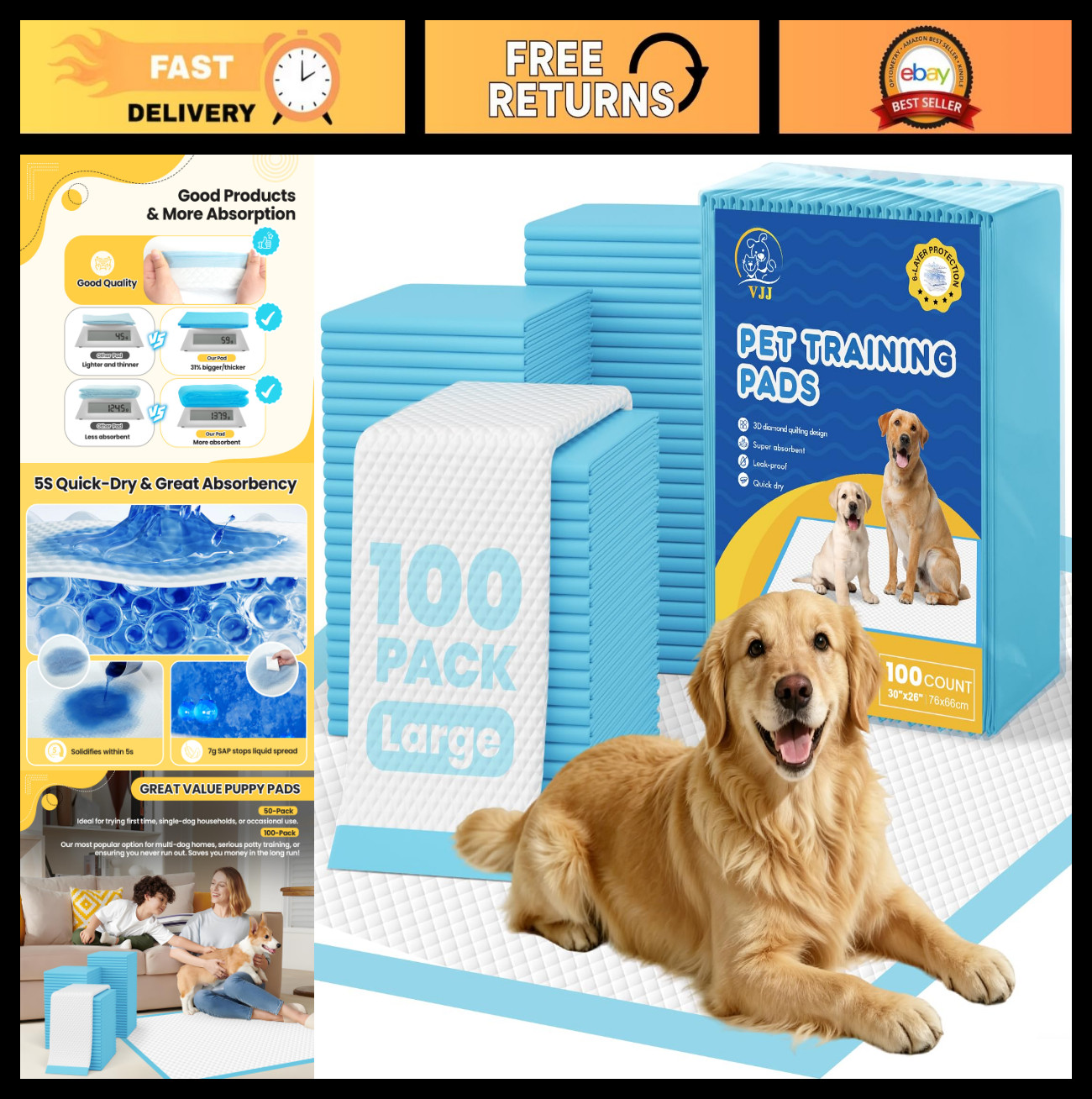 100 Count Puppy Pads 30″x26″ – Leak-Proof Dog Training Pee Pads, XL & Large Pidd