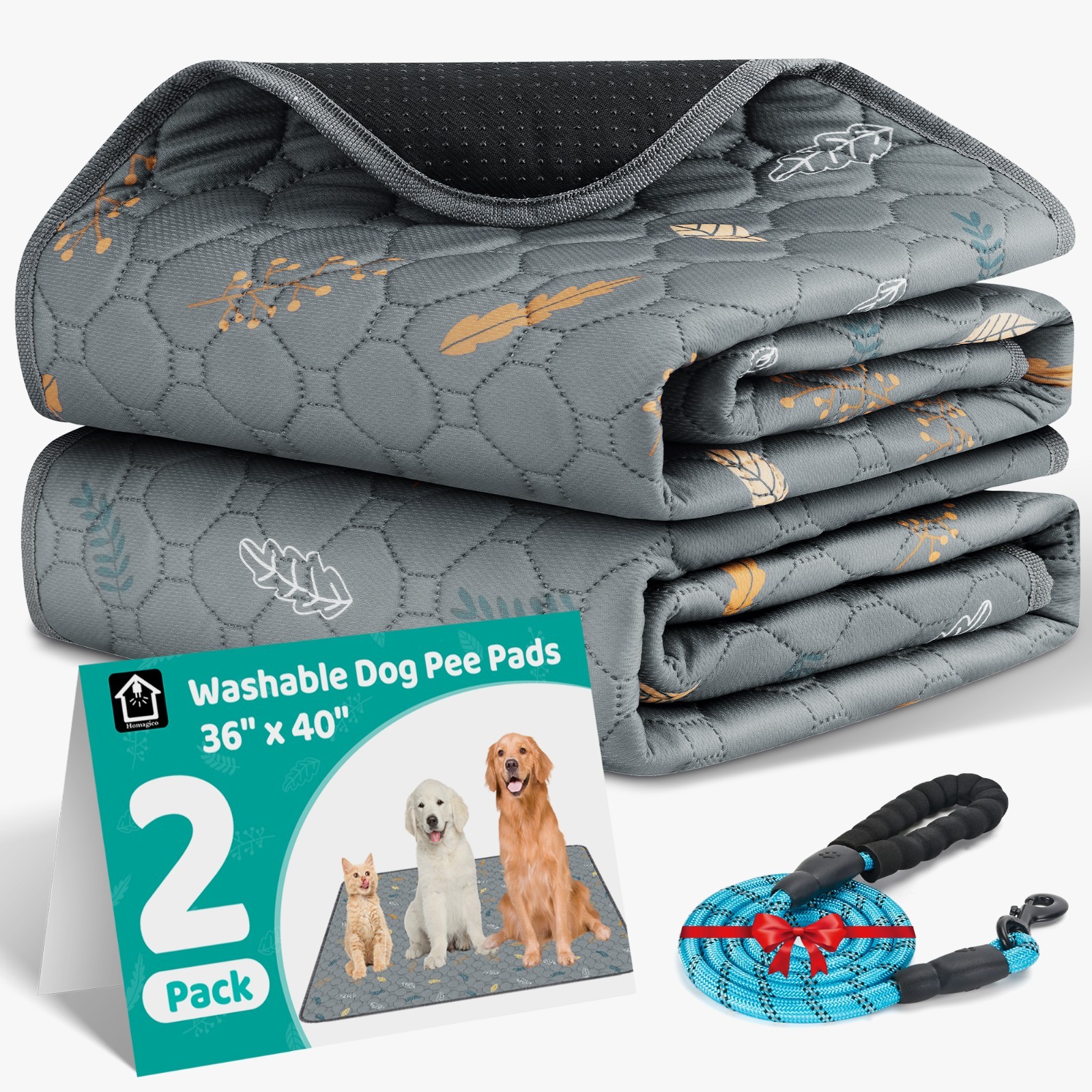Washable Pee Pads for Dogs,2 Pack 36″x 40″ Non-Slip Training Pads,60″L Dog Leash
