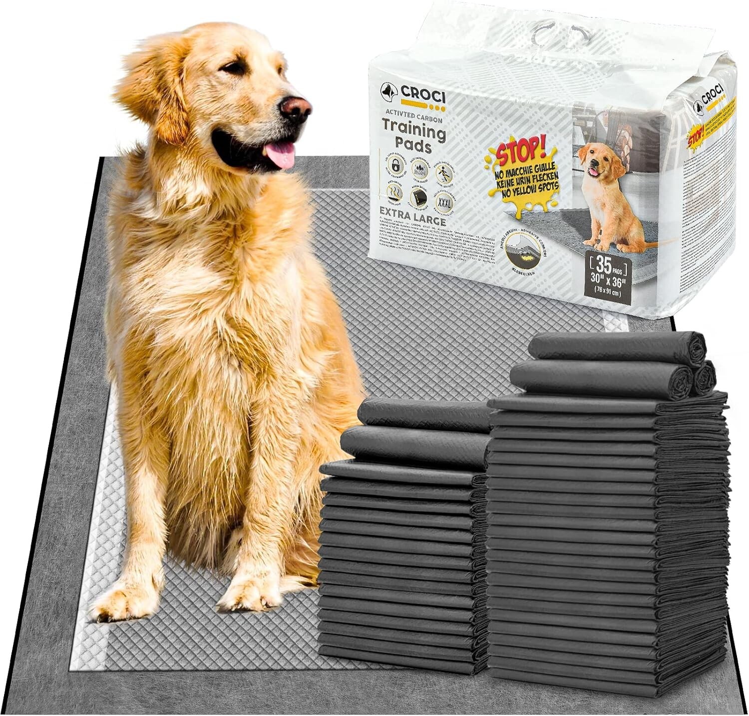 XXL 30x36in Dog Training Pee Pads – 6-Layer Absorbent with Adhesive Tabs (35ct)