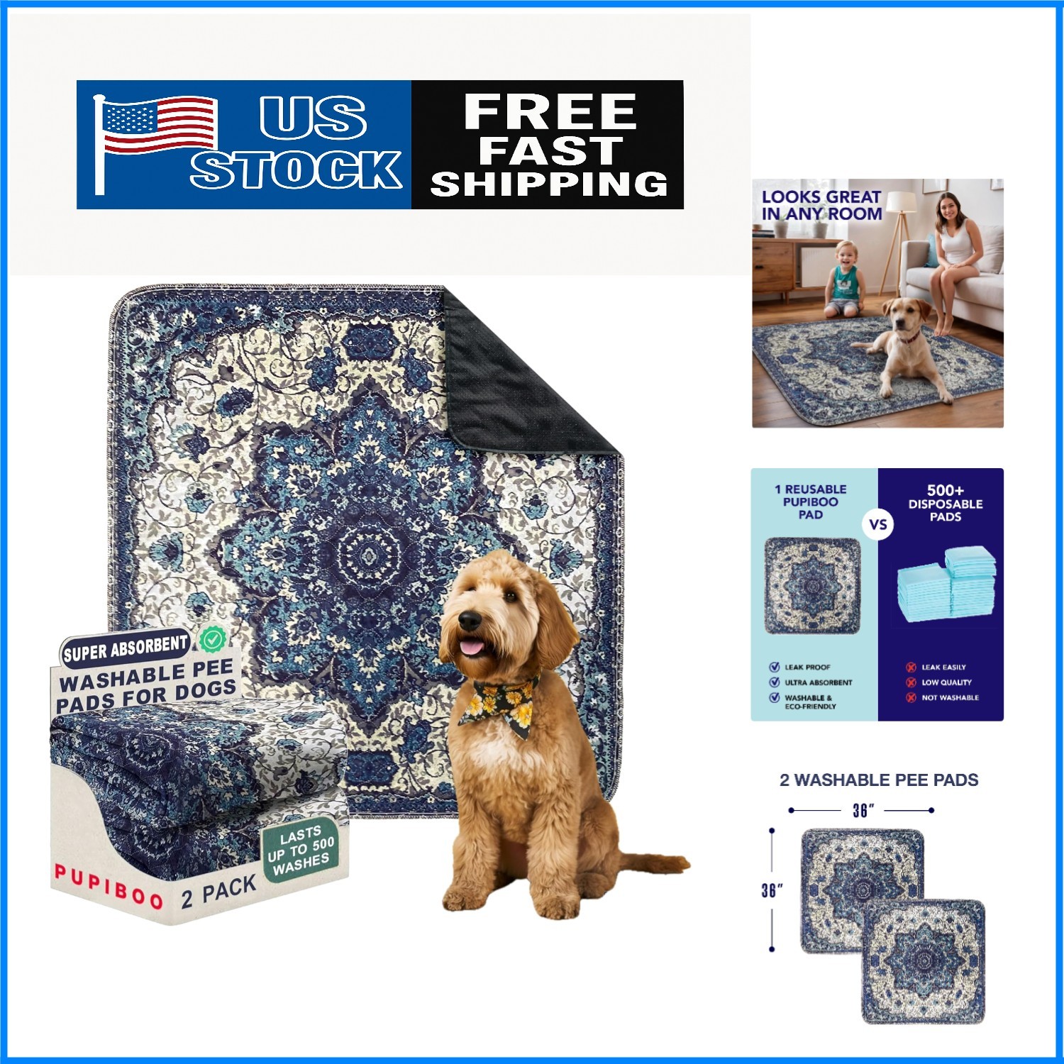 Stylish Washable Dog Pee Pads – 36×36” Super Absorbent & Leak-Proof Set of 2