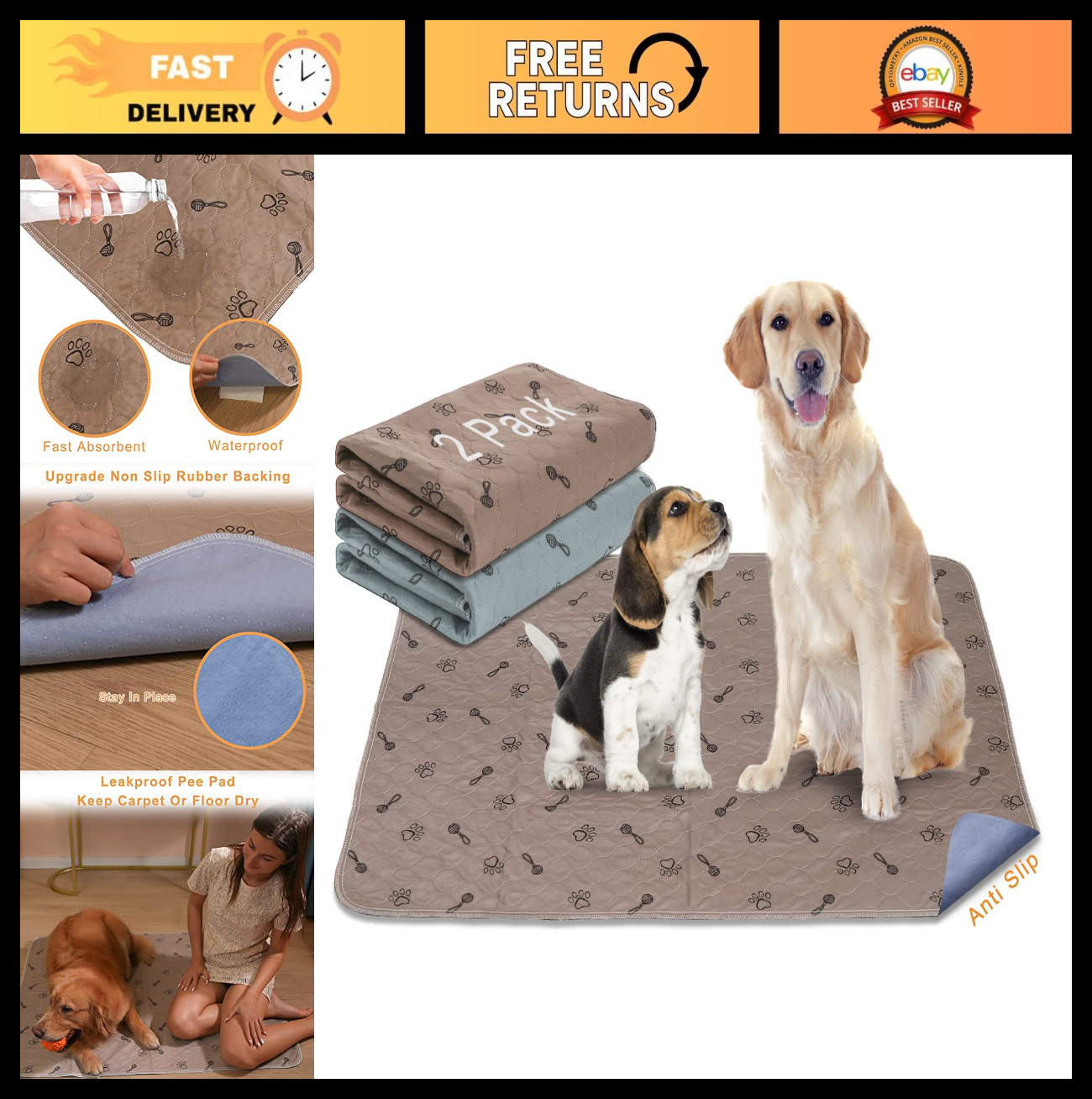 2-Pack 36×36 Washable Dog Pads & Free Comb – Fast Absorbent, Waterproof, Non-Sli