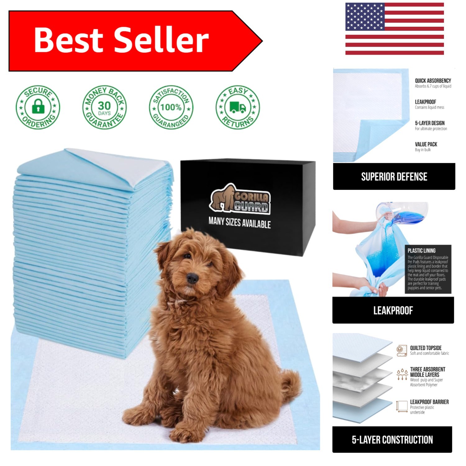 Gorilla Guard 100 Pack Disposable Puppy Pads – 5-Layer Protects Floors, 22″x22″