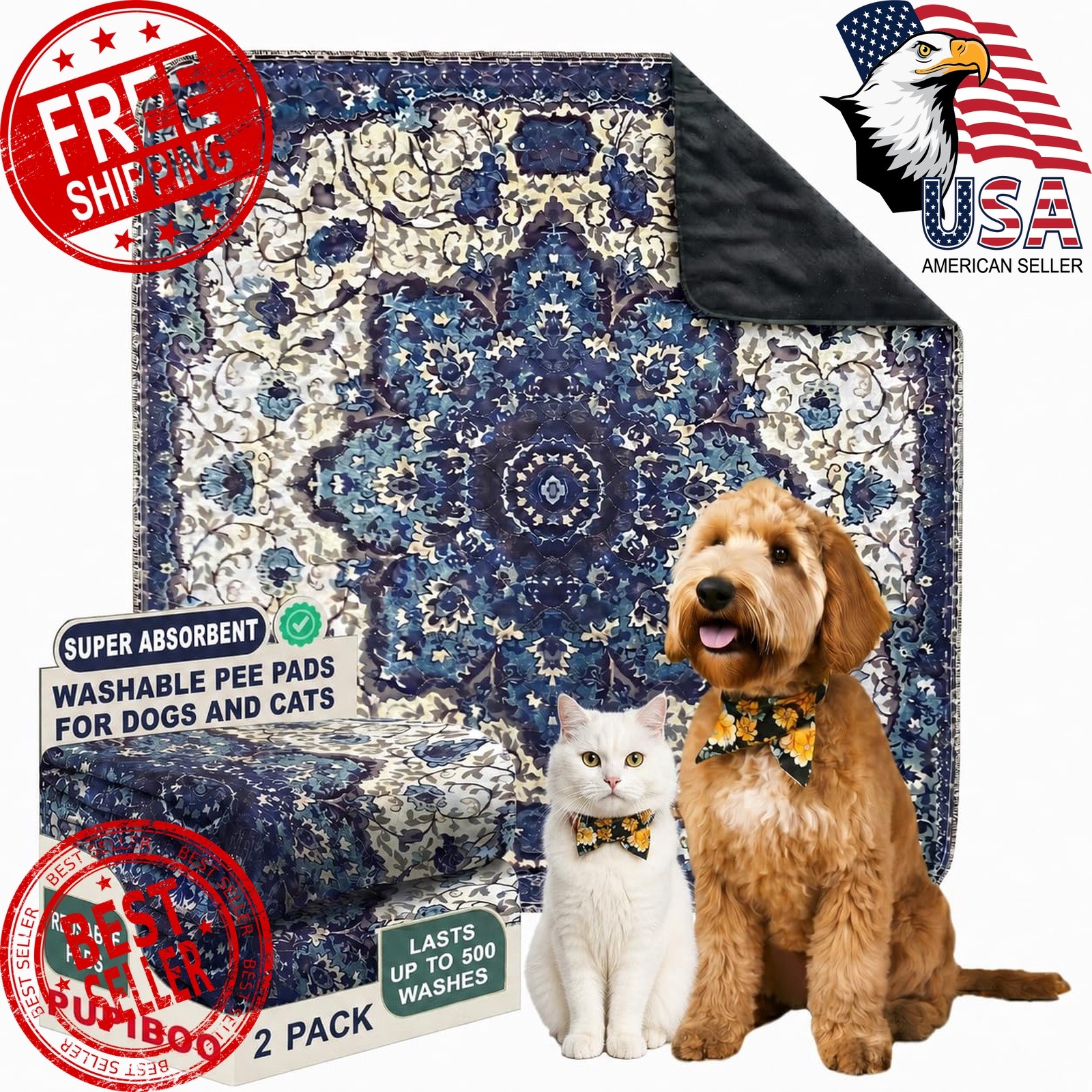 PUPIBOO Pee Pads Blue Medallion 36×36″ 2pk