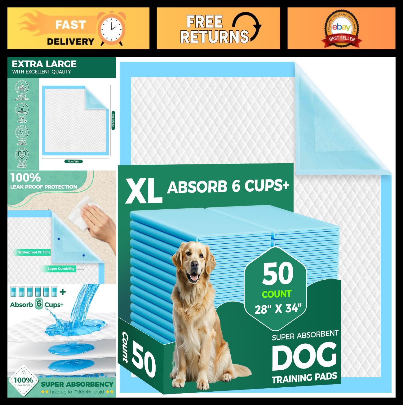 50 Count Extra Large Dog Pee Pads 28″ x 34″ – Super Absorbent Leak-Proof Puppy T