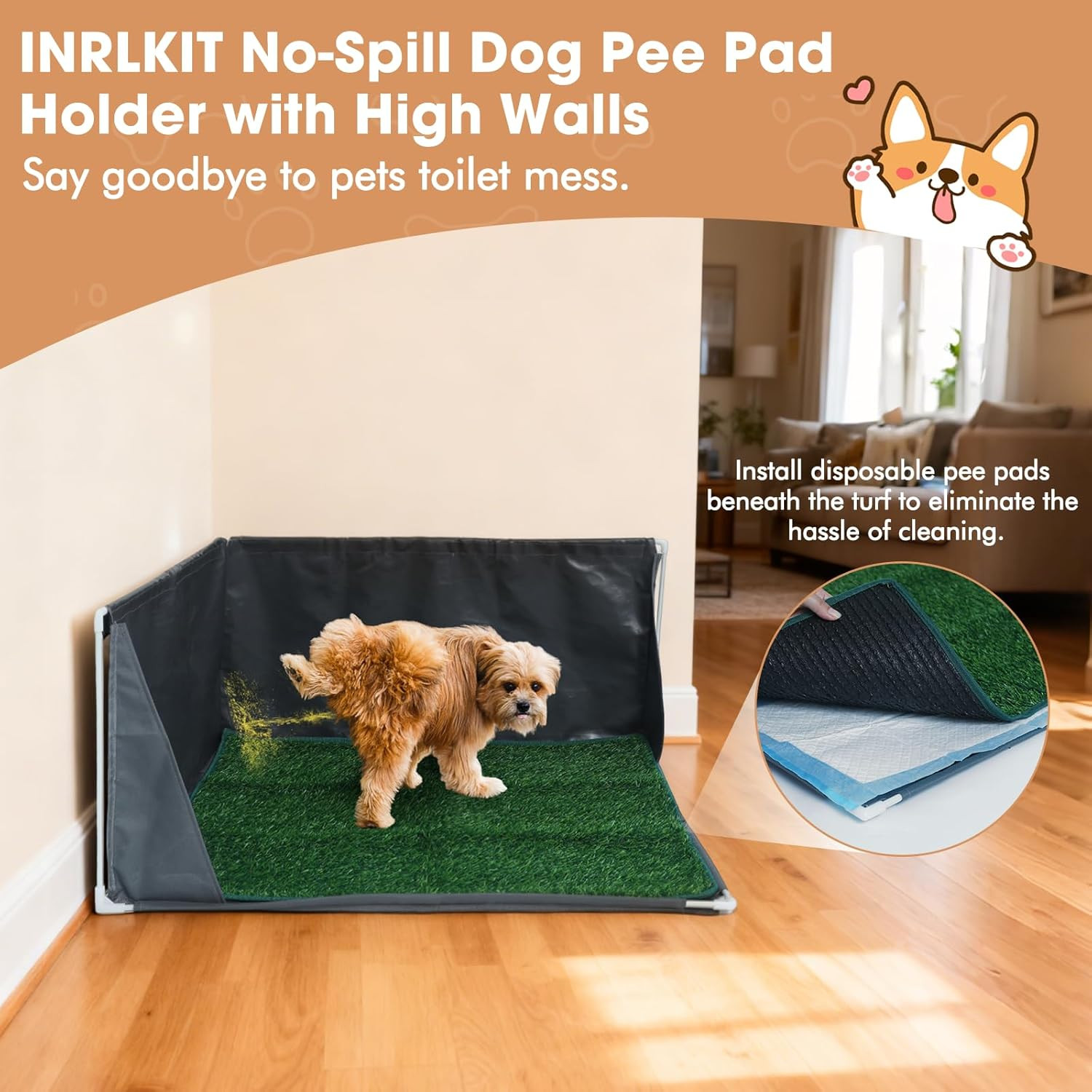 Dog Pee Pad Holder with High Walls, Portable Dog Litter Box for inside Potty, Sp
