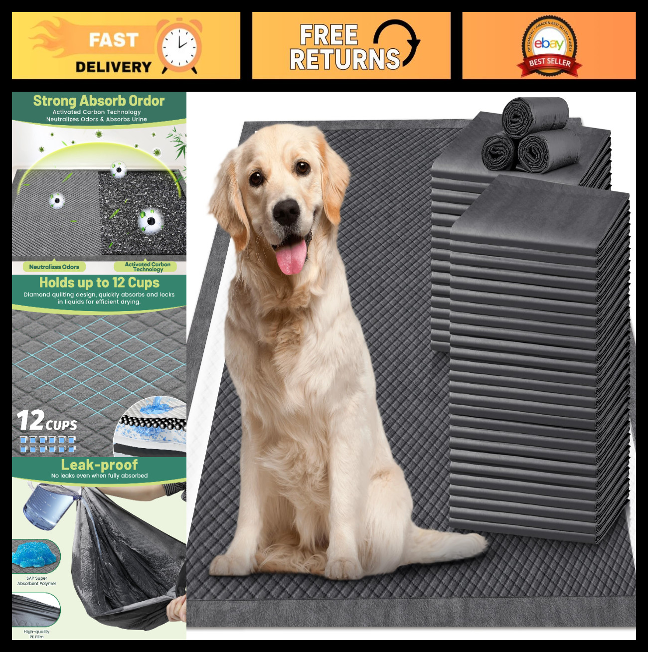 28″x34″ XL 6-Layer Absorbent Dog Pee Pads – Leak-Proof, Odor-Control, Quick Dry,