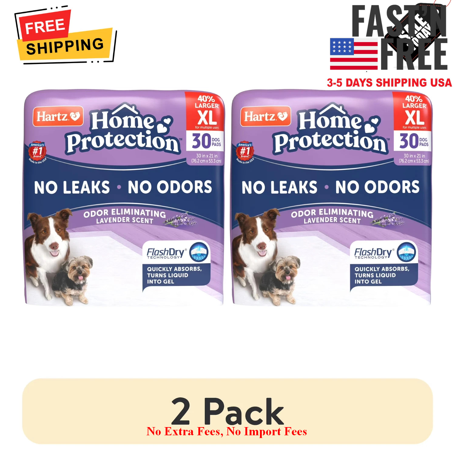 2 Pack Hartz Dog Pads XL 30×21 30Ct Lavender Odor Control Leak Proof Training