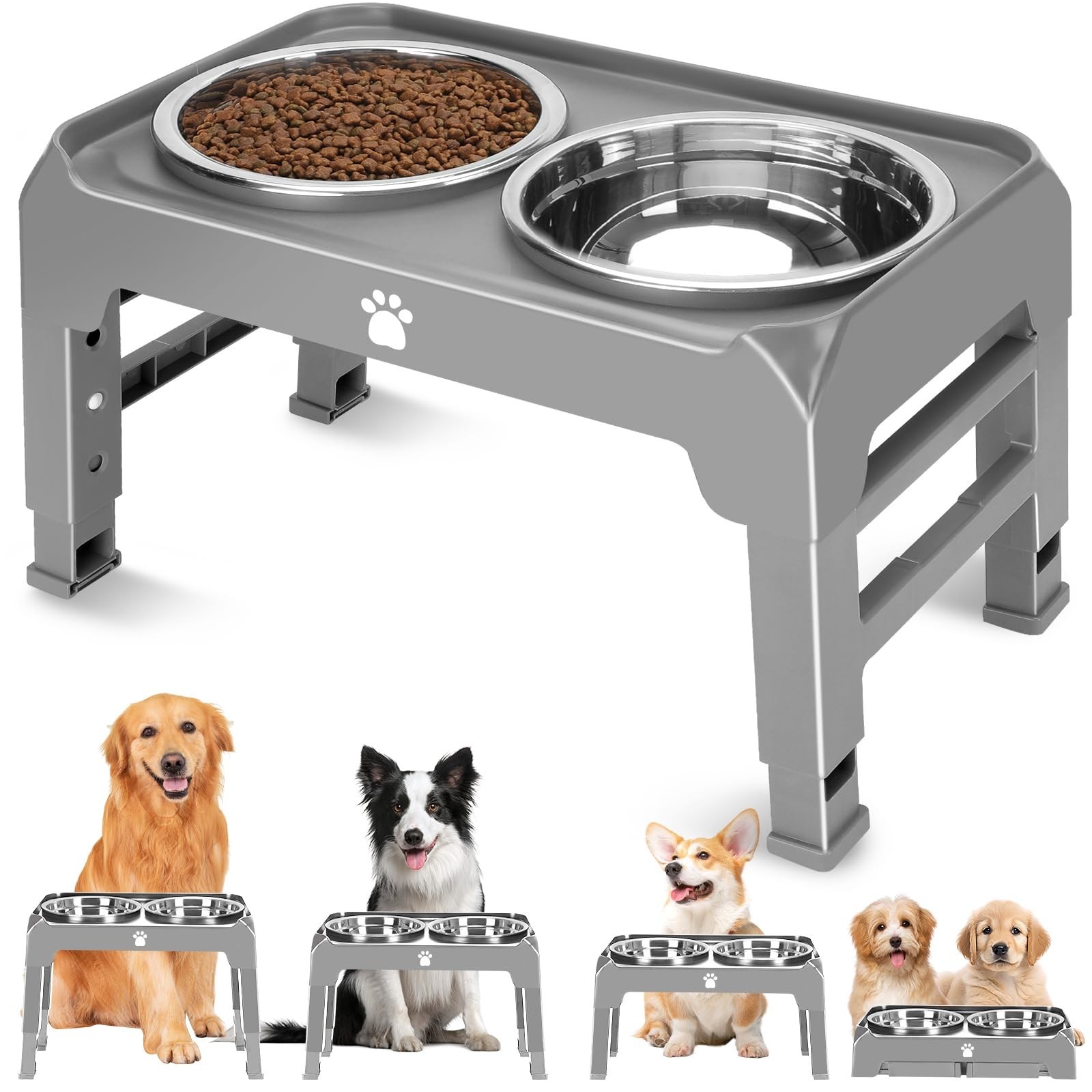 Elevated Raised Dog Bowl Stand with 2 Stainless Steel Bowls, Adjustable Heigh…