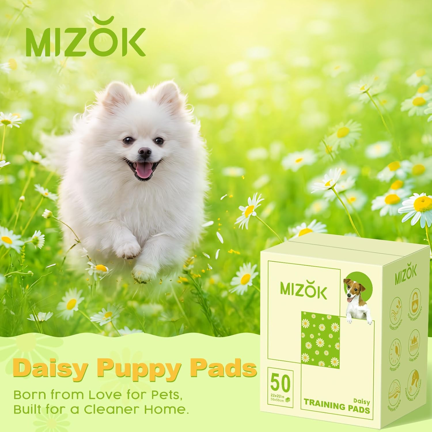 Puppy Pads 22″X22″, Dog Pee Pads 6-Layer Super Absorbent & Leak-Proof, Daisy Pat