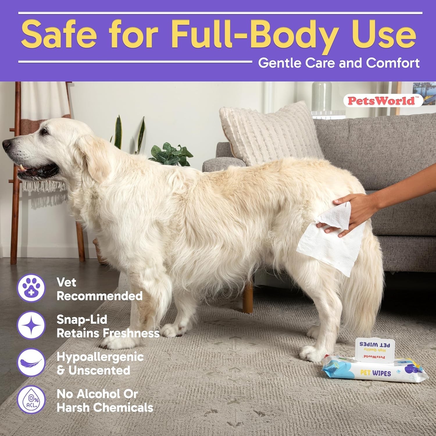 PetsWorld Pet Wipes for Dogs & Cats, 600 Count| Unscented, Hypoallergenic,Thick