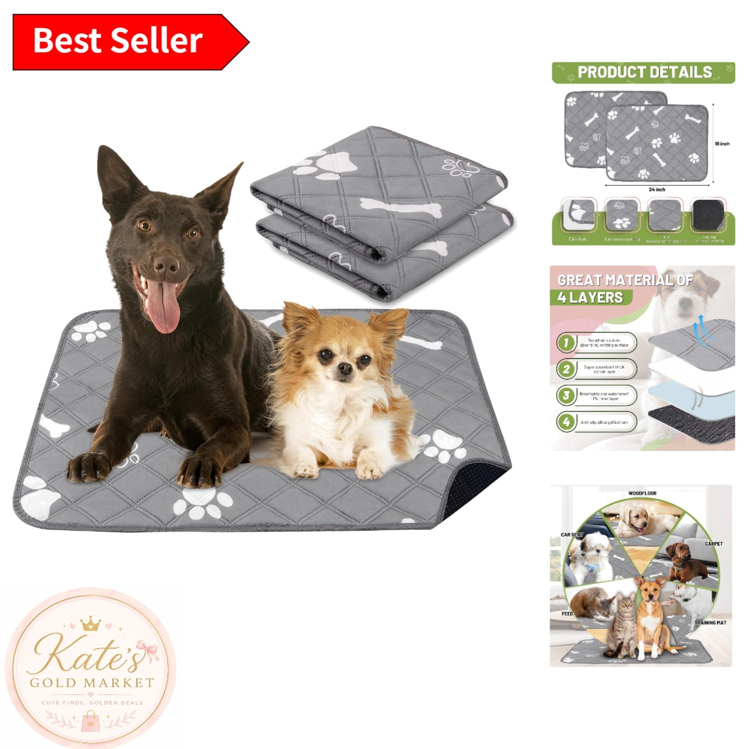 Super Absorbent Cotton Puppy Pads – Machine Washable 18” x 24”, Grey Paw Bone