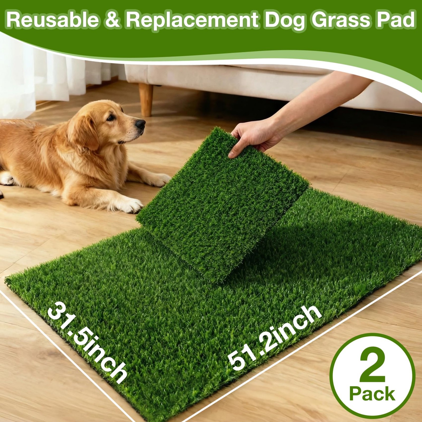 2 Pack Fake Grass Pee Pad for Dogs Potty Traning – 31.5″x51.2″ Replacement & …