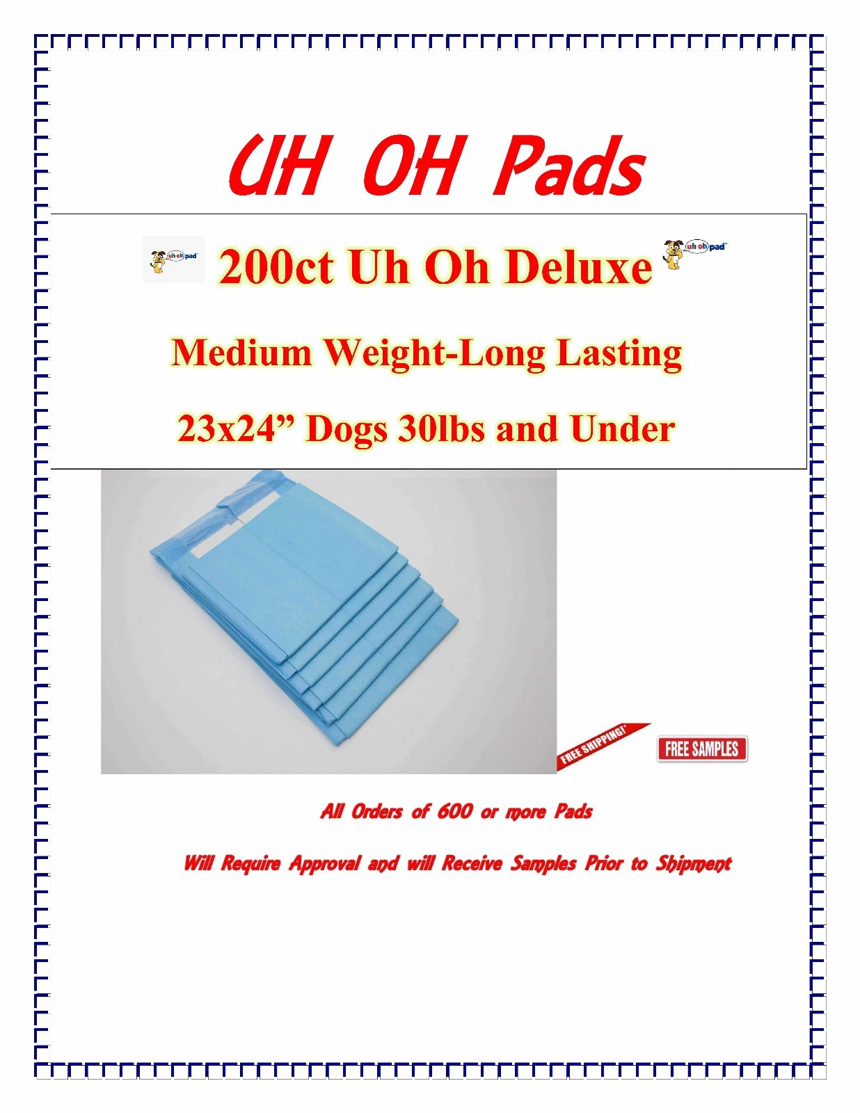 23×24″ 200ct Deluxe Uh Oh TRAINING 3x Pad PEE PIDDLE PADS FREE SAMPLES
