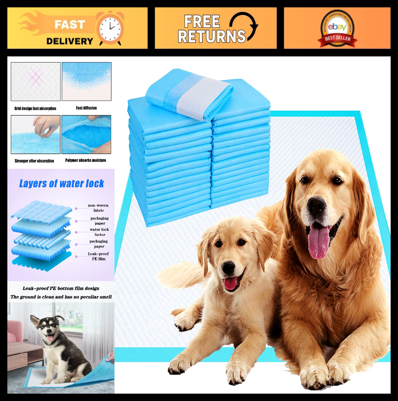 Extra Large Dog Pee Pads 32″x36″ – 60 Count Absorbent Leak-Proof Training Pads