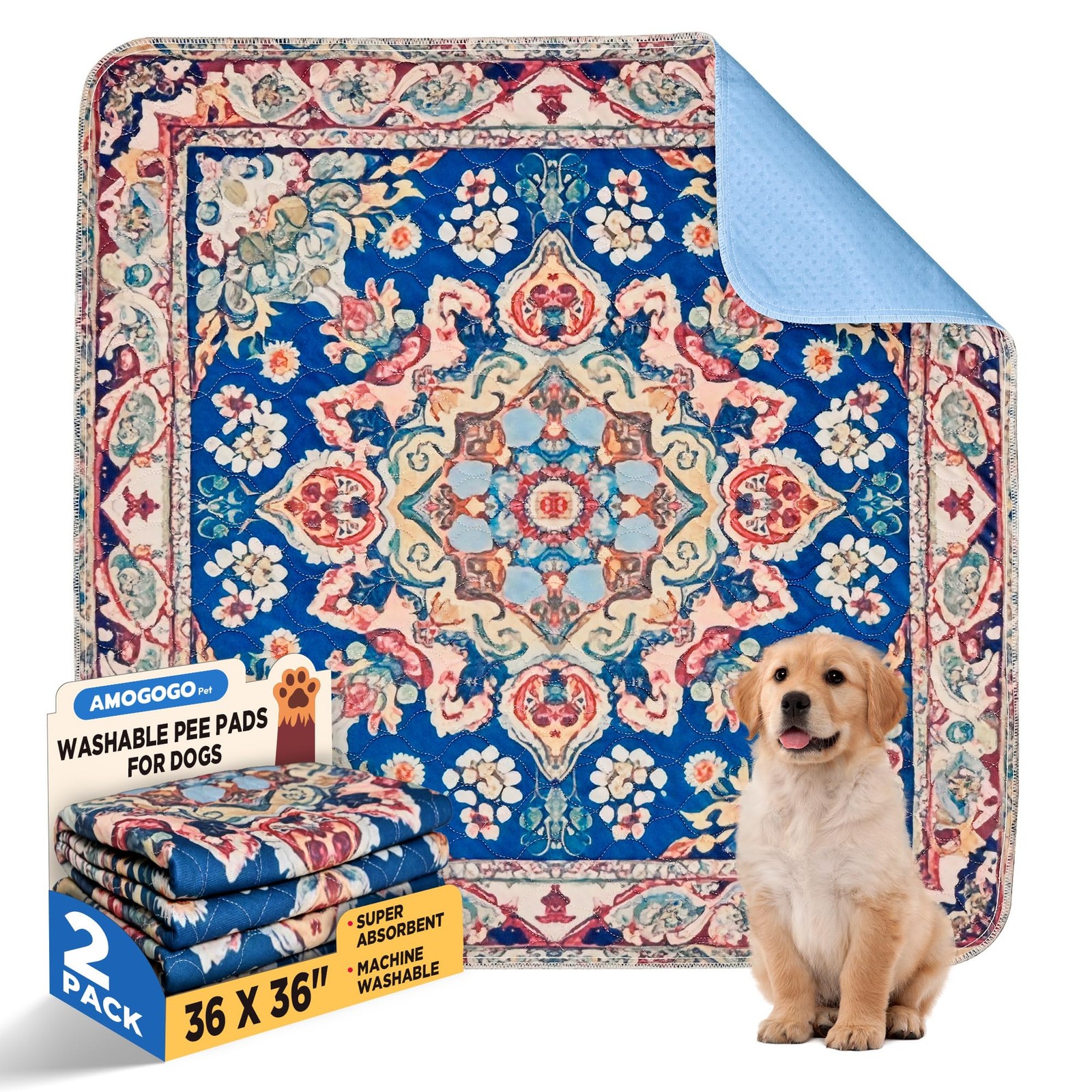2 Pack 36″x36″ Washable Dog Pee Pads – Reusable, Non-Slip, Waterproof Blue